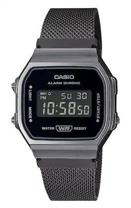 Casio - Vintage Digital Stainless Steel Mesh Bracelet Quartz A168WEMB-1B Unisex Watch - Black