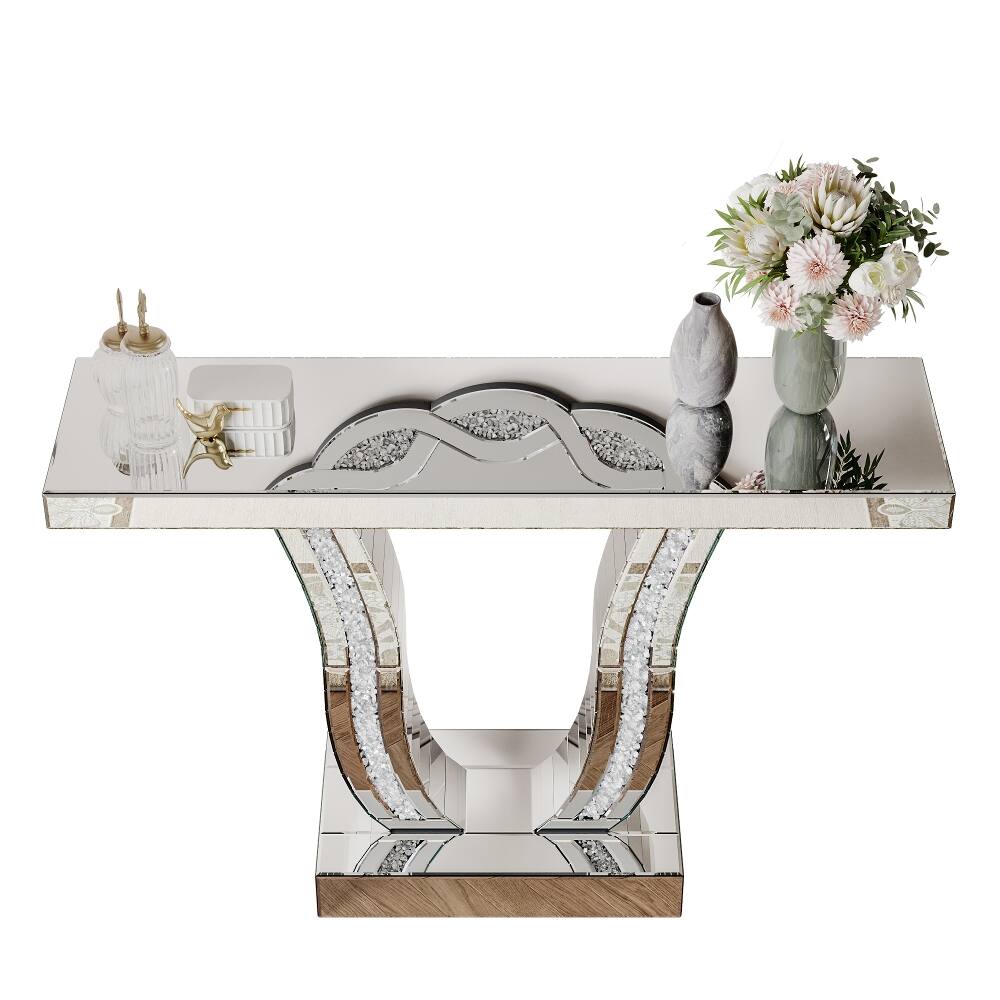 Alt View 10. Loheer - Loheer 43 inch mirrored console table, silver glam entryway table with glass top - Silver.