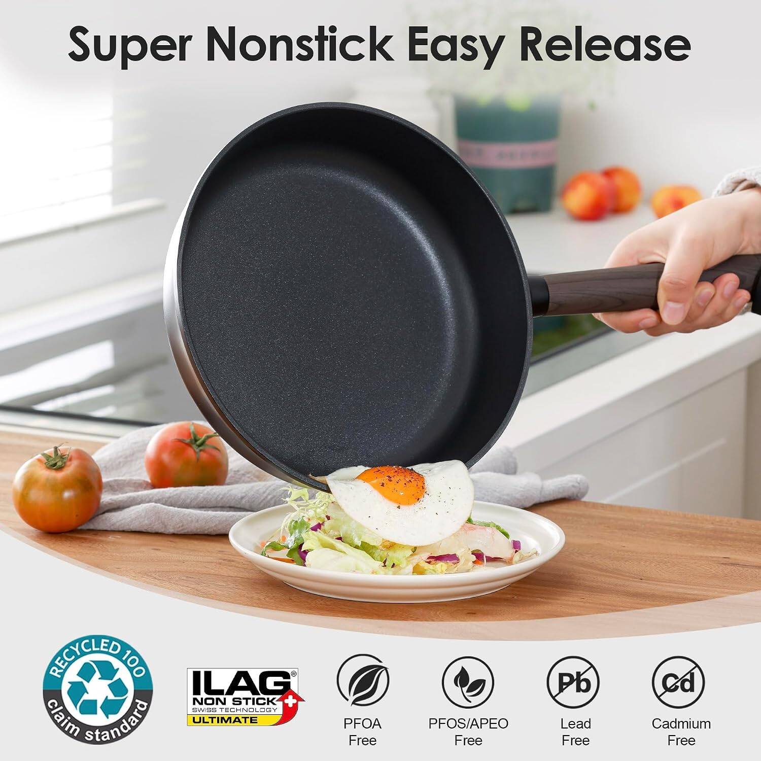 Super Nonstick Easy Release

RECYCLED 100% ILAG NON STICK SW98 TECHNOLOGY claim standard ULTIMATE

PFOA Free
PFOS/APEO Free
Pb Lead Free
Cd Cadmium Free