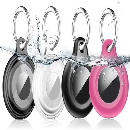 Front. RTMB - 4-Pack Waterproof AirTag Holder, Shockproof & Dustproof, Keychain, Black - Color: Black/Clear/Black/Rose Red.