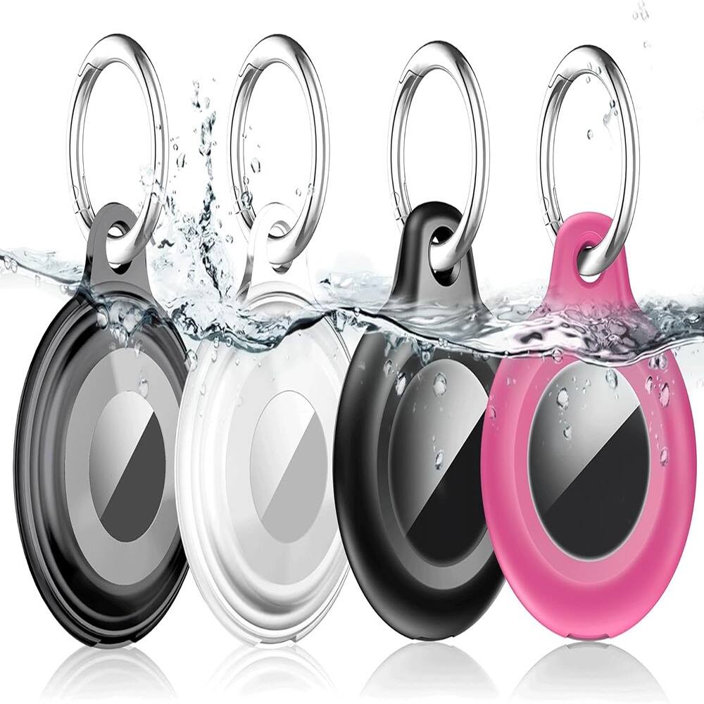 Front. RTMB - 4-Pack Waterproof AirTag Holder, Shockproof & Dustproof, Keychain, Black - Color: Black/Clear/Black/Rose Red.