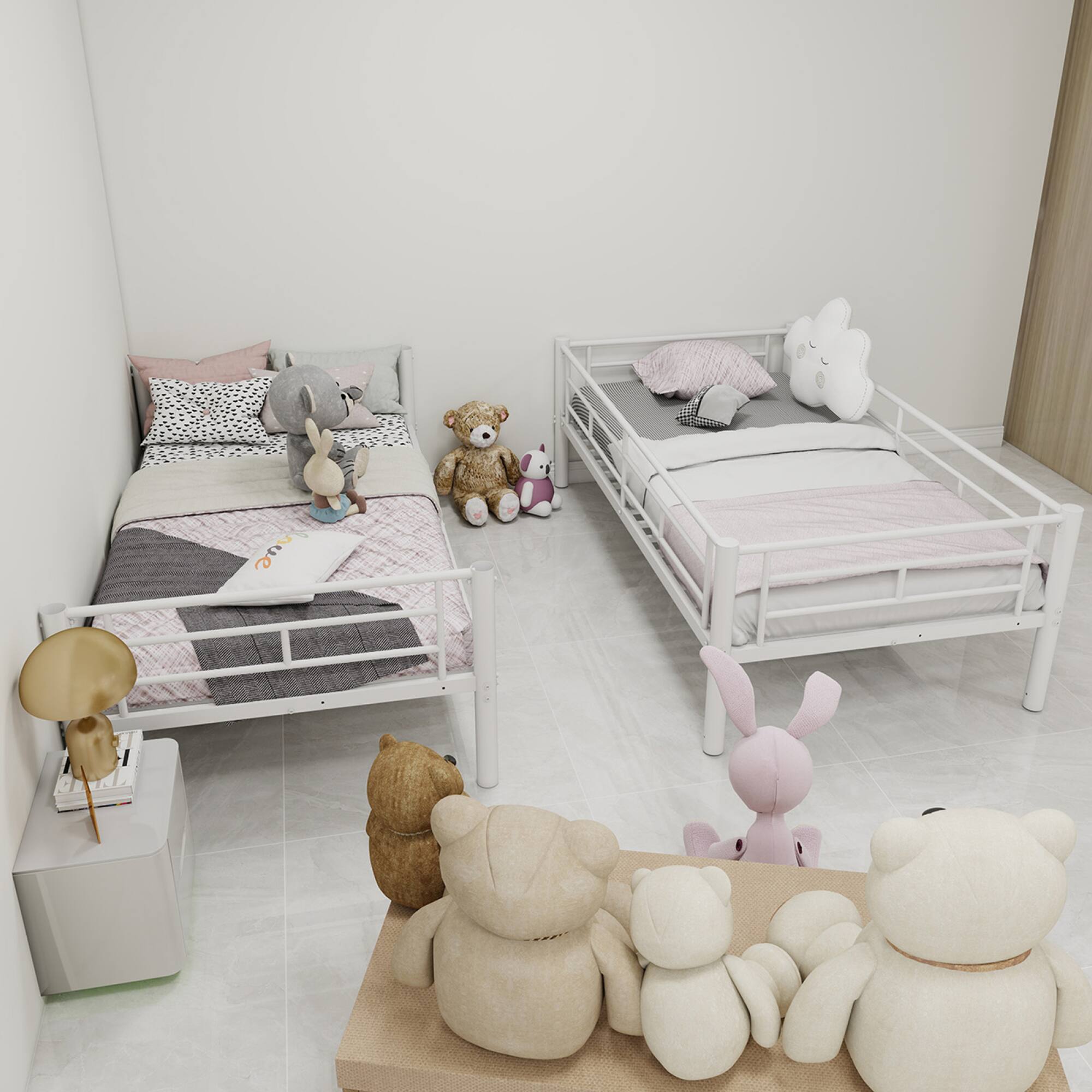 Left. GOODSILO - Twin Over Twin Metal Bunk Bed Frame with Ladder and Guardrail for Kids, Convertible to Two Separate Beds - White.