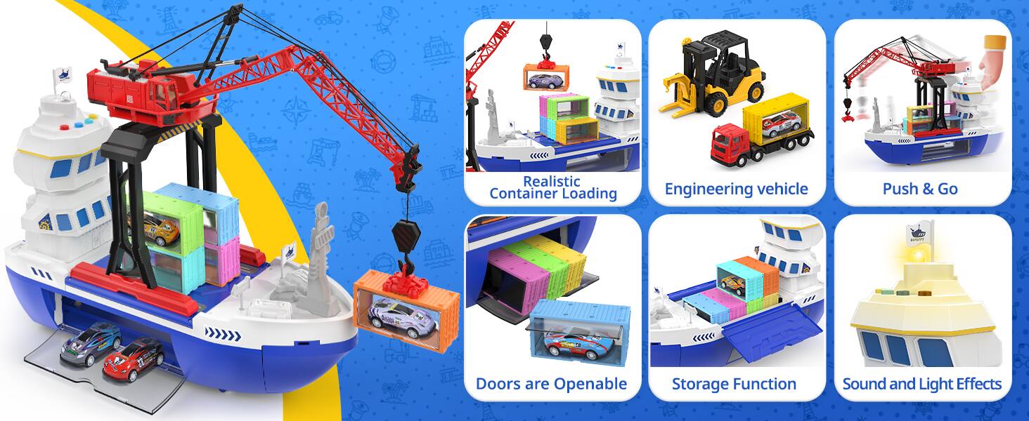 Realistic Container Loading  
Engineering vehicle  
Push & Go  
Doors are Openable  
Storage Function  
Sound and Light Effects