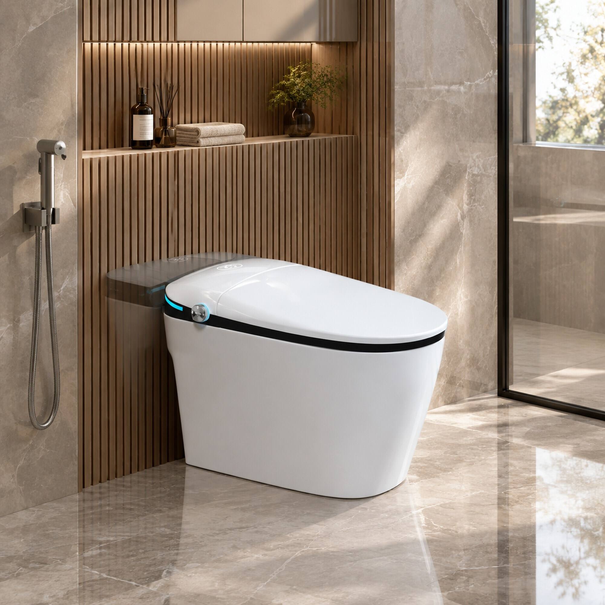 Angle. RYHNUYNE - Luxury Smart Bidet Toilet With Heated Seat, Auto Open Close Foot Sensor LED Display Nightlight Warm Water Dryer In White - White.