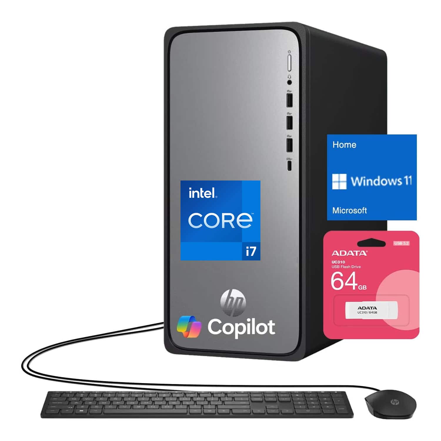 HP - OmniDesk Desktop - Intel Core i7-14700 with 16GB RAM, 1TB SSD - Wired Keyboard & Mouse - Adata 64GB USB Drive - Black