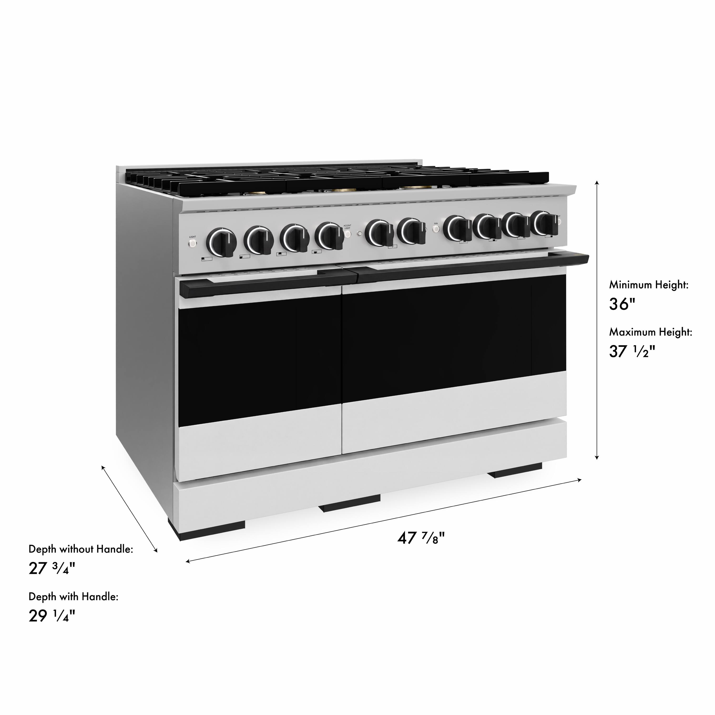 Minimum Height: 36"  
Maximum Height: 37 1/2"  
Depth without Handle: 27 3/4"  
Depth with Handle: 29 1/4"