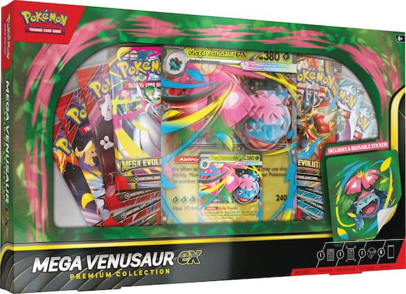 **Pokémon Trading Card Game**
**Mega Venusaur EX Premium Collection**
- **Mega Venusaur EX**
- HP: 380
- Evolves from Venusaur
- The Evolved form of Venusaur
- Ability: Mega Venusaur EX
- As often as you like, use this Pokémon's Ability. Move any number of damage counters from this Pokémon to another of your Pokémon.
- Ability: Solar Transfer
- As often as you like during your turn, you may move any number of damage counters from this Pokémon to another of your Pokémon.
- **Includes:**
- 1 Promotional Card
- 1 Lenticular Card
- 1 Tech Sticker
- 1 Booster
- **Additional Game Cards:**
- 10 Additional Game Cards
- **Reusable Sticker!**
- **Age Rating:** 6+