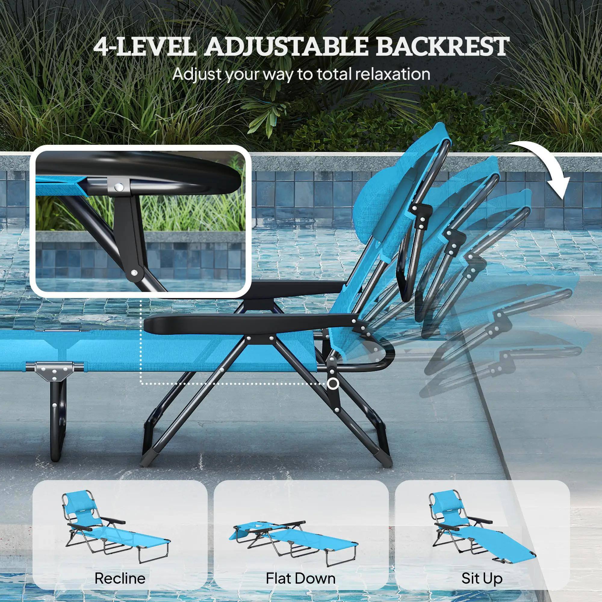4-LEVEL ADJUSTABLE BACKREST  
Adjust your way to total relaxation  

Recline  
Flat Down  
Sit Up