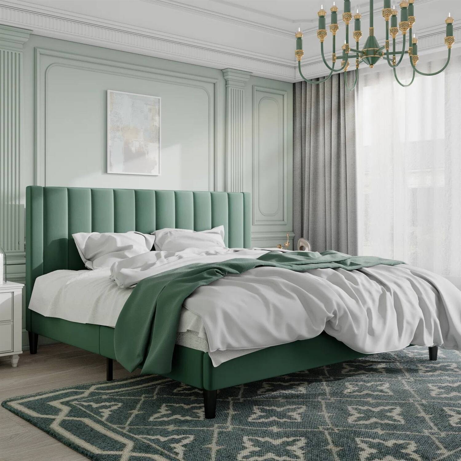 Left. Hivvago - King size Green Velvet Upholstered Platform Bed Frame with Headboard - Green.