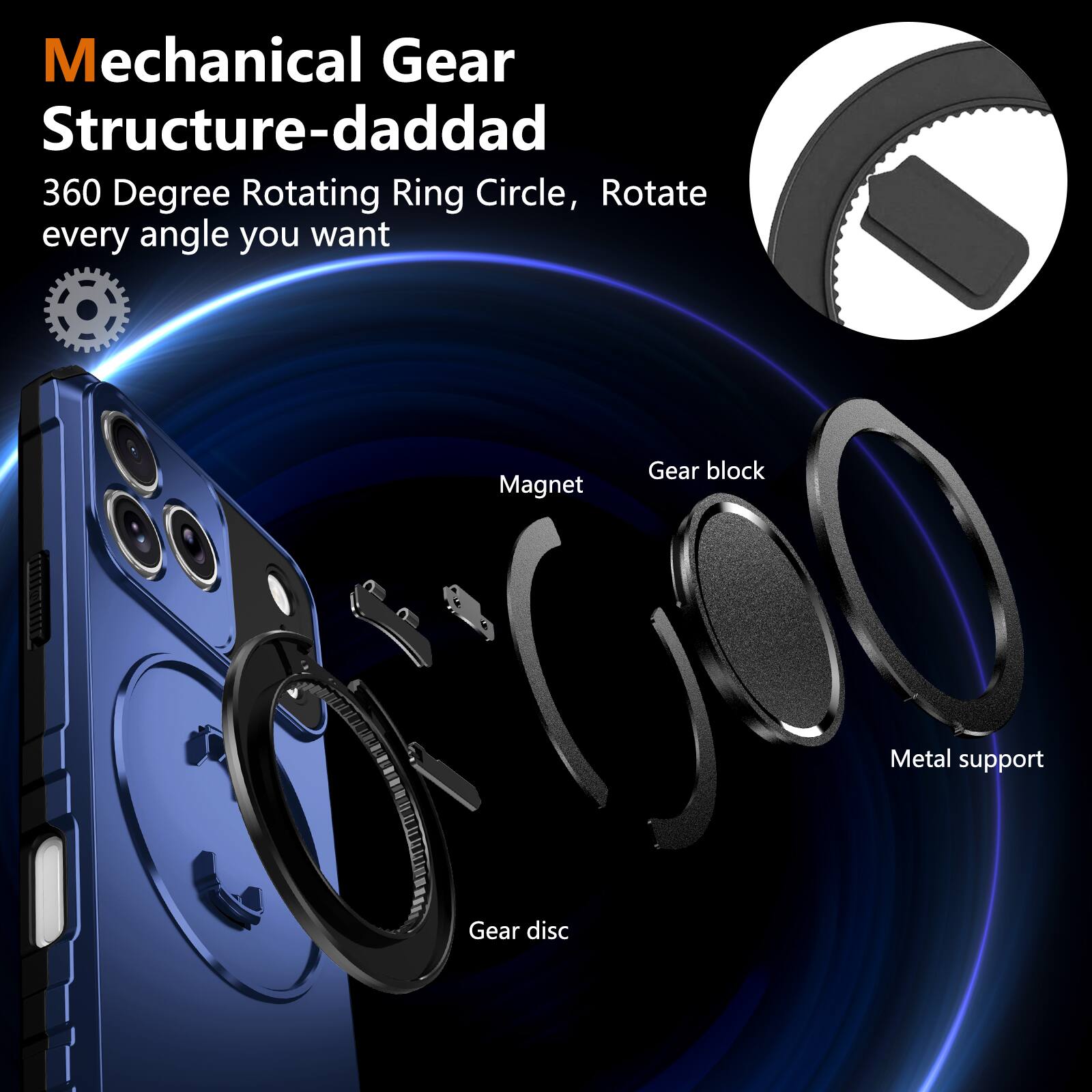 Mechanical Gear Structure-daddad  
360 Degree Rotating Ring Circle, Rotate every angle you want  

- Magnet  
- Gear block  
- Metal support  
- Gear disc