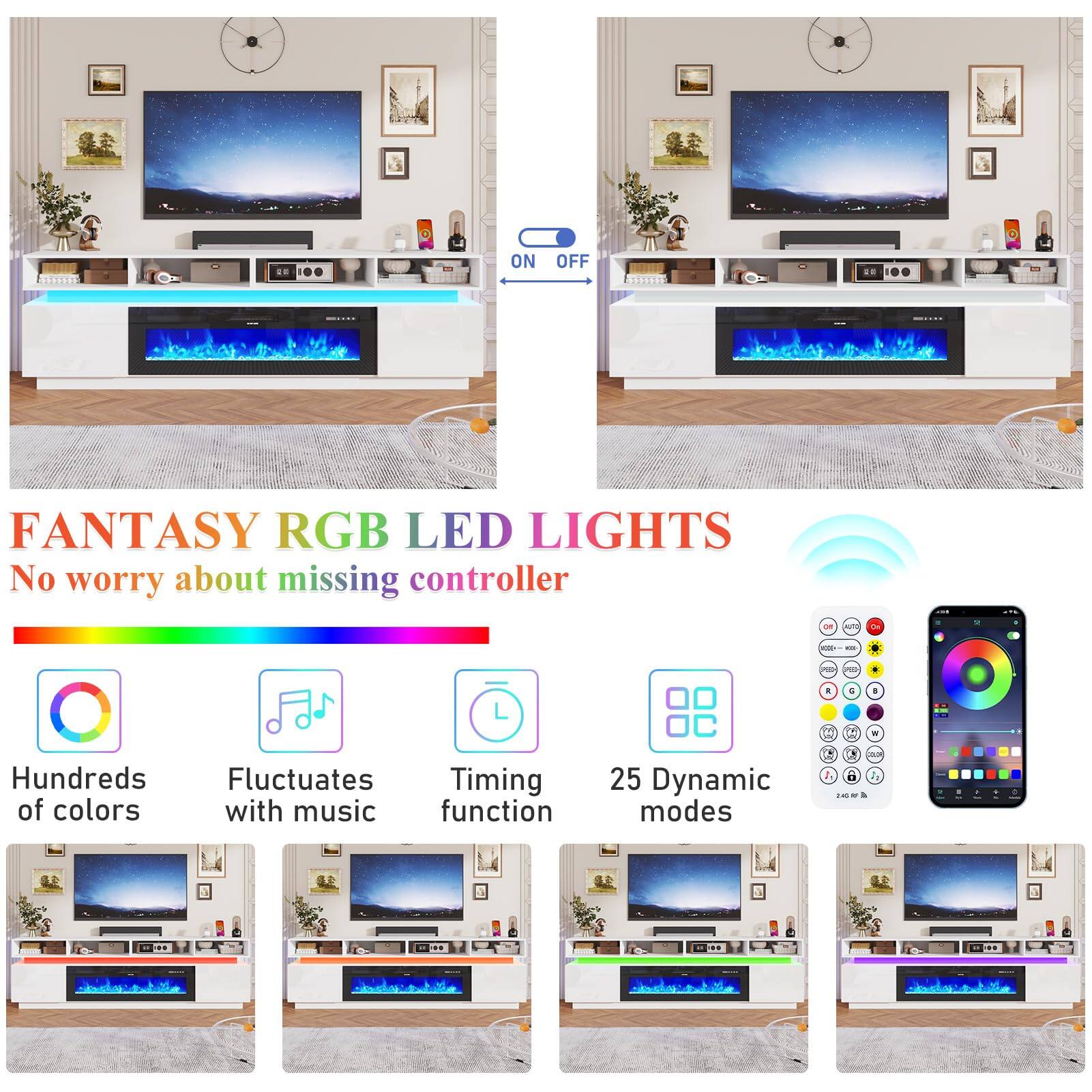 ON  
OFF  
FANTASY RGB LED LIGHTS  
No worry about missing controller  

- Hundreds of colors  
- Fluctuates with music  
- Timing function  
- 25 Dynamic modes