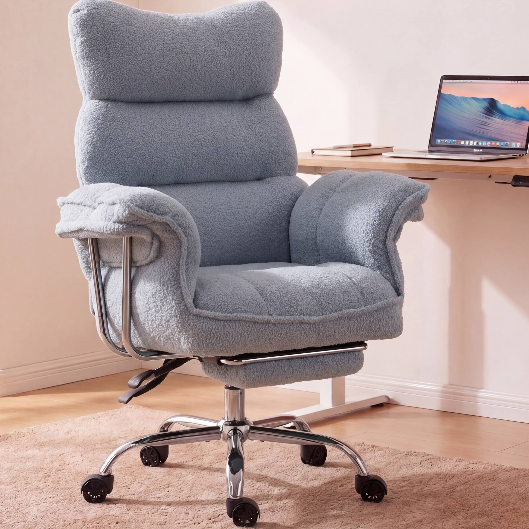 Angle. Dowinx - Big & Tall Ergonomic Chair, Wide/Thick Cushion, Reclining High-Back w/Footrest, Teddy Fleece - Gray-blue.