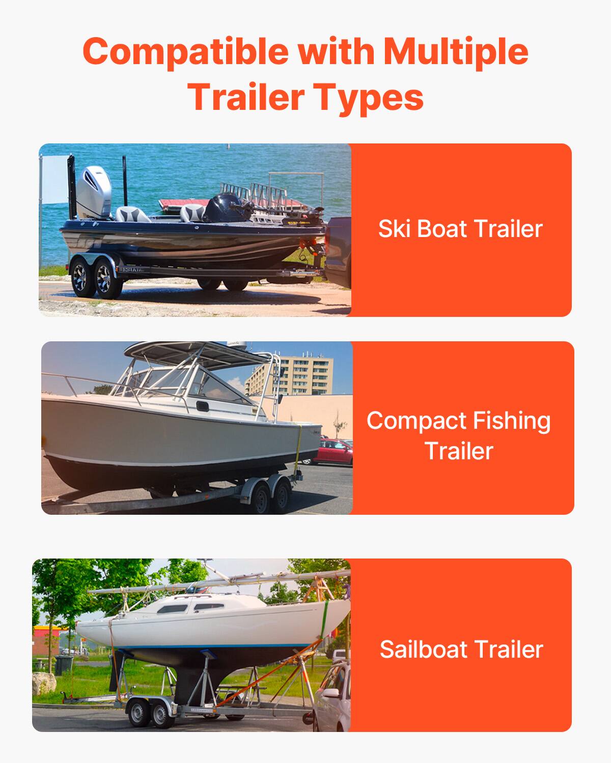Compatible with Multiple Trailer Types

- Ski Boat Trailer
- Compact Fishing Trailer
- Sailboat Trailer