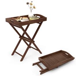 Costway - 1 PCSSolid Teak Wood Tray Table 28" High Folding Table with Removable Tray Top - Brown