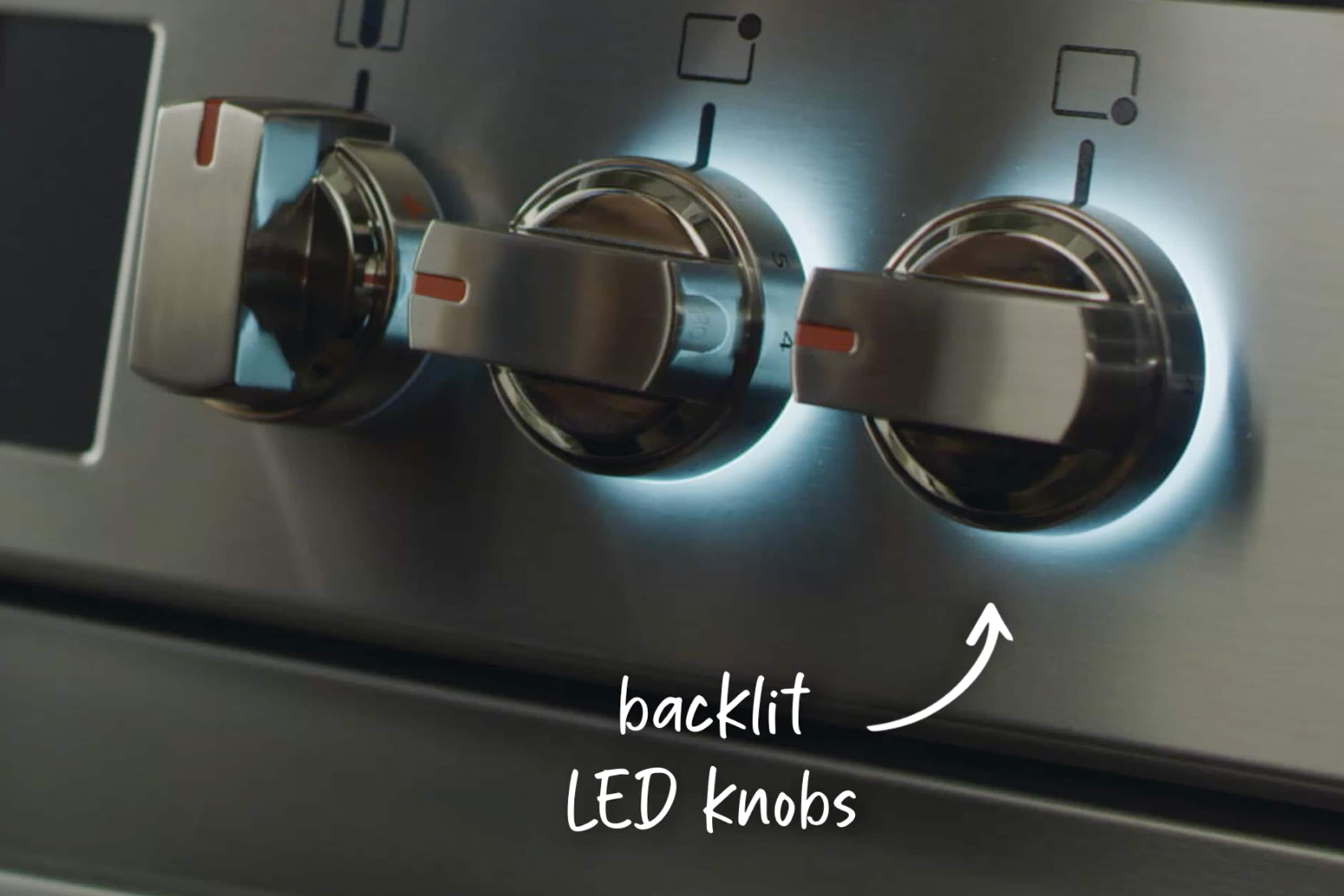 The text on the image reads: "5 4 backlit LED knobs."