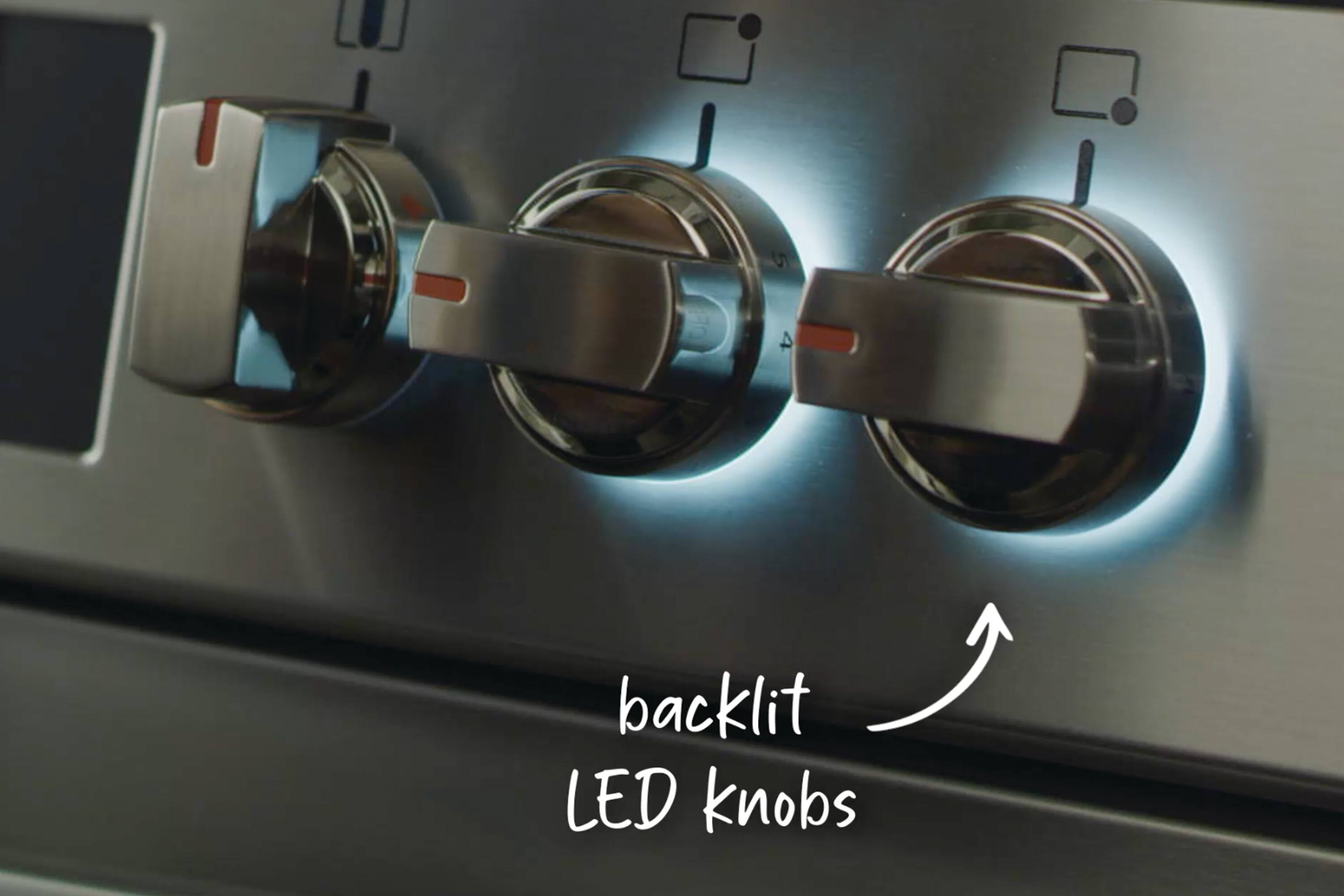 The text on the image reads: "5 4 backlit LED knobs."