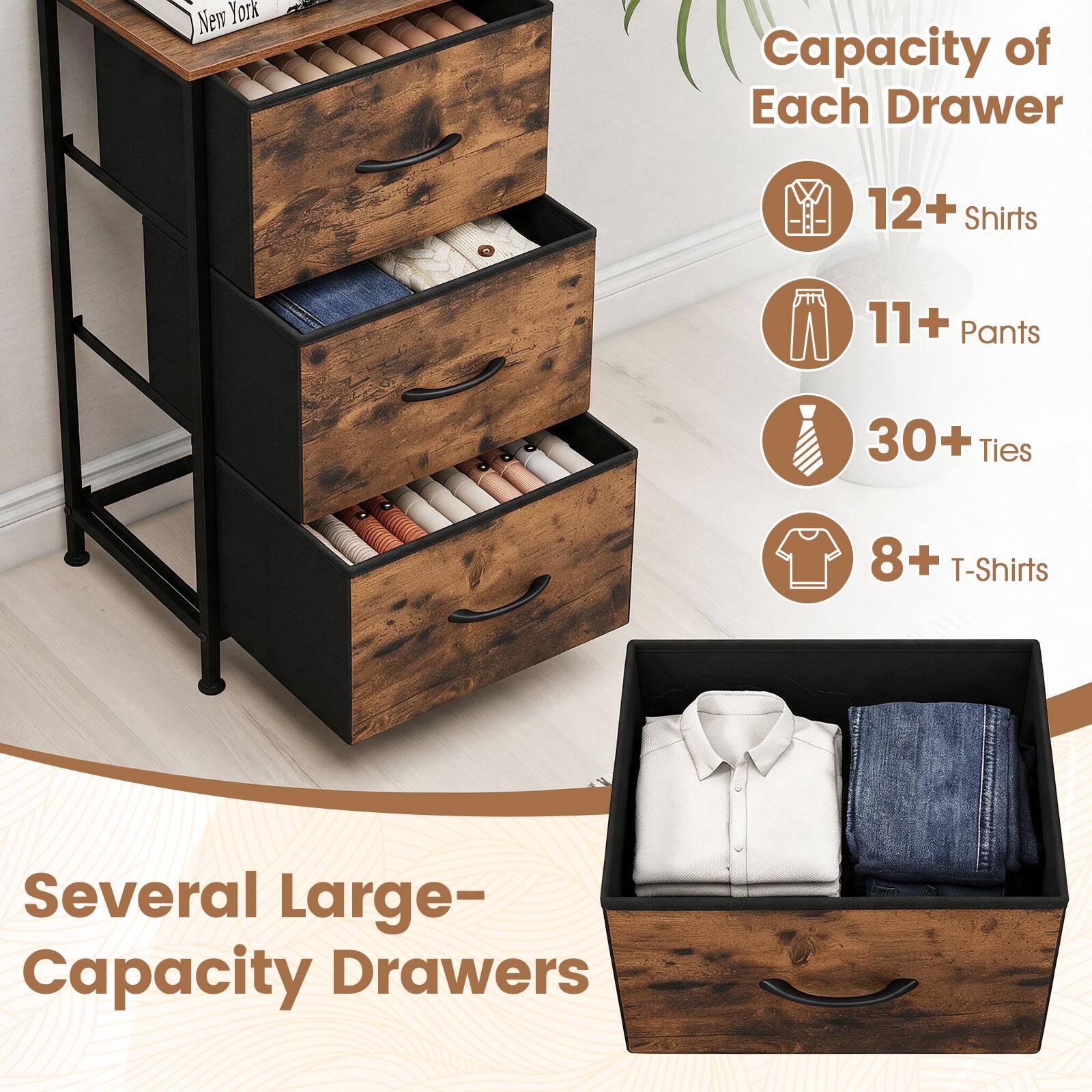 New York

Capacity of Each Drawer
- 12+ Shirts
- 11+ Pants
- 30+ Ties
- 8+ T-Shirts

Several Large-Capacity Drawers