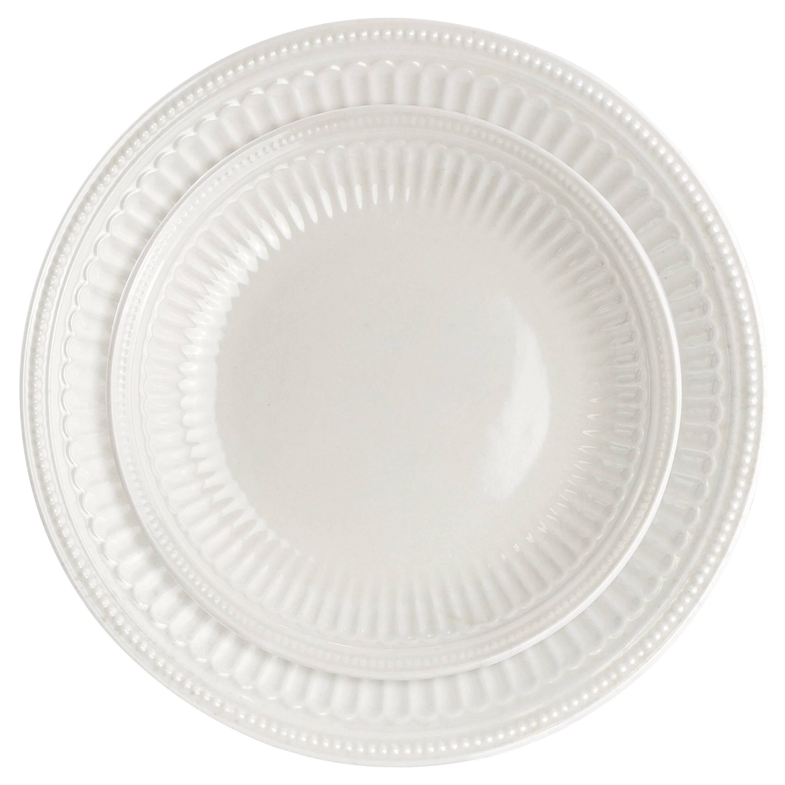 Left. Elama - Elama Finley 18 Piece Stoneware Dinnerware Set in White, Service for 6 - White.