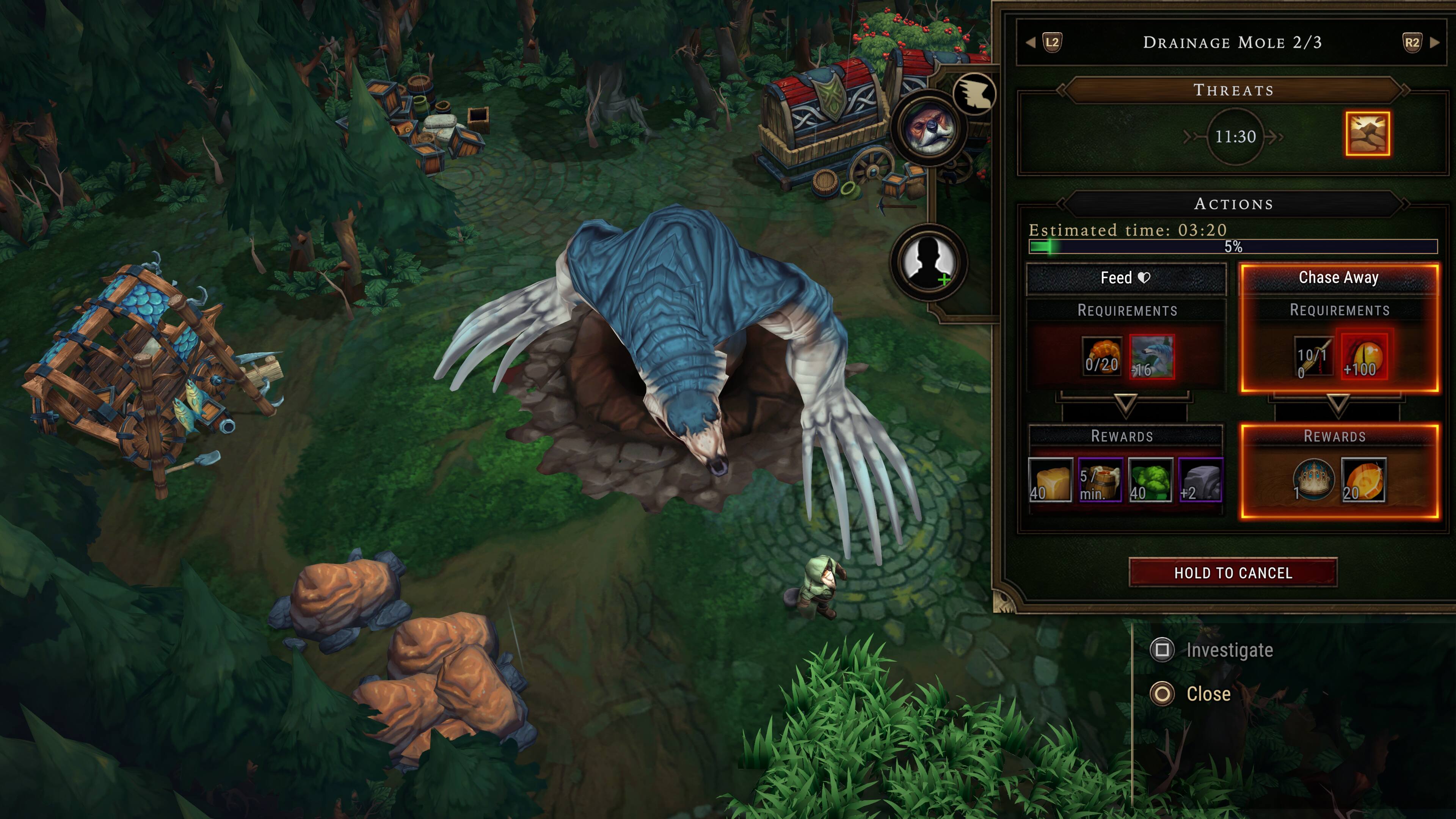 The text on the image can be grouped and corrected as follows:

1. L2 Drainage Mole 2/3
2. R2 Threats 11:30
3. Actions Estimated time: 03:20
4. 5% Feed
5. REQUIREMENTS Chase Away 0/20 96 10/1 0 +100
6. REWARDS 40 5 min 40 +2 COOR 1 20 HOLD TO CANCEL
7. Investigate Close