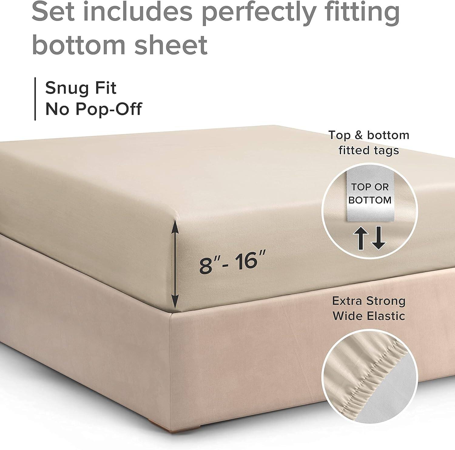 Set includes perfectly fitting bottom sheet

- Snug Fit
- No Pop-Off

- Top & bottom fitted tags
- 8" - 16"
- Extra Strong Wide Elastic