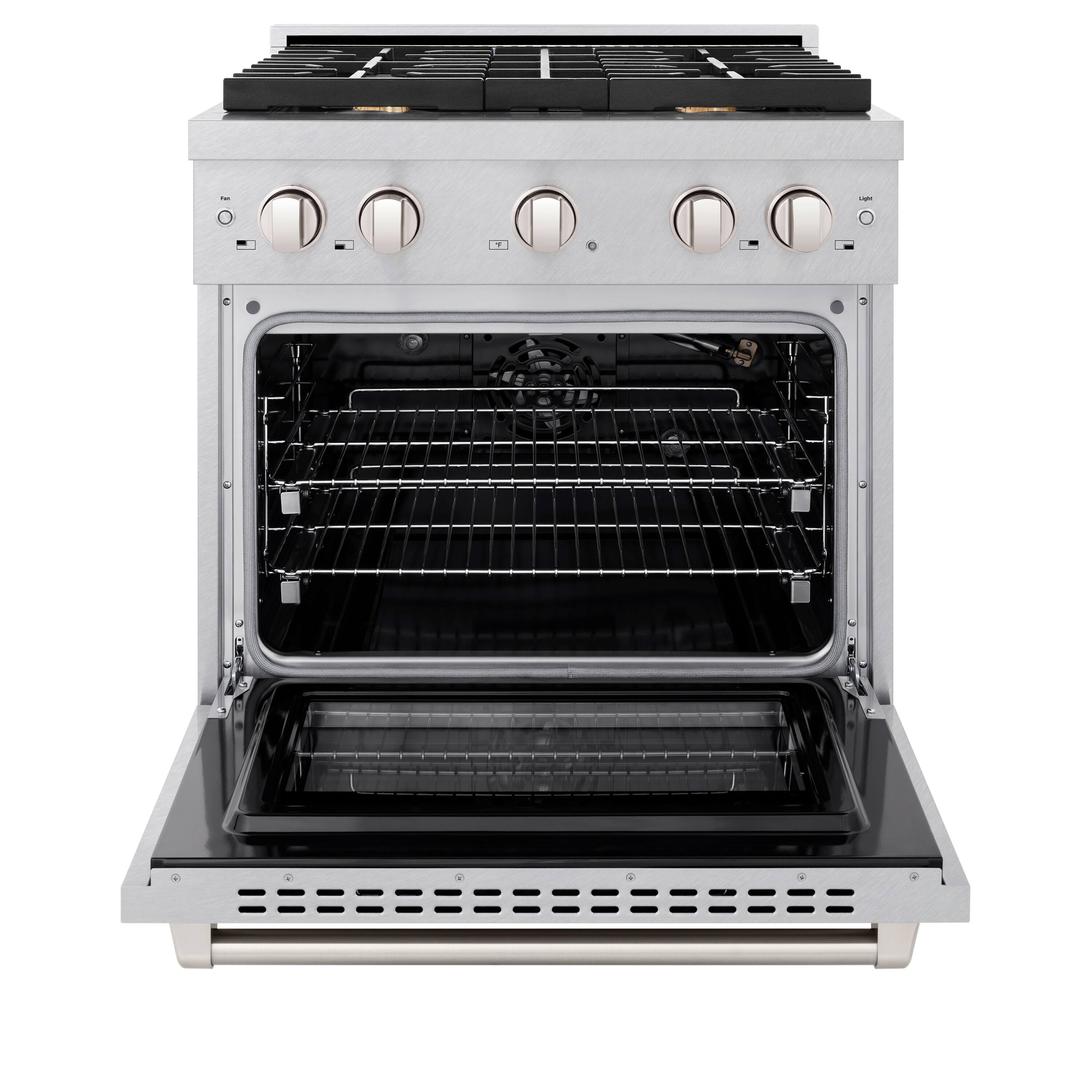 Angle. ZLINE - ZLINE 30 in. Paramount Satin Stainless Gas Range w/ Convection Oven & 4 Brass Burners (SGRS-BR-30) - Stainless Steel.