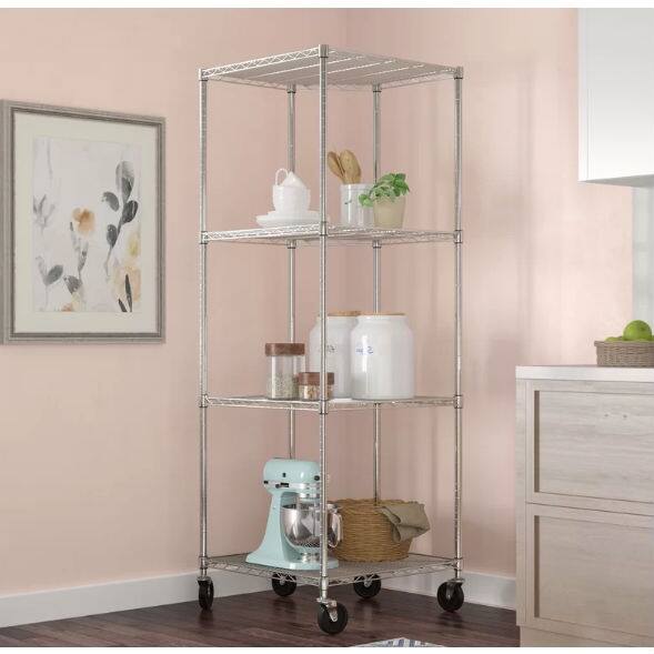 Angle. SlickBlue - Sturdy 4-Tier Corner Shelving Rack with Casters - Silver.