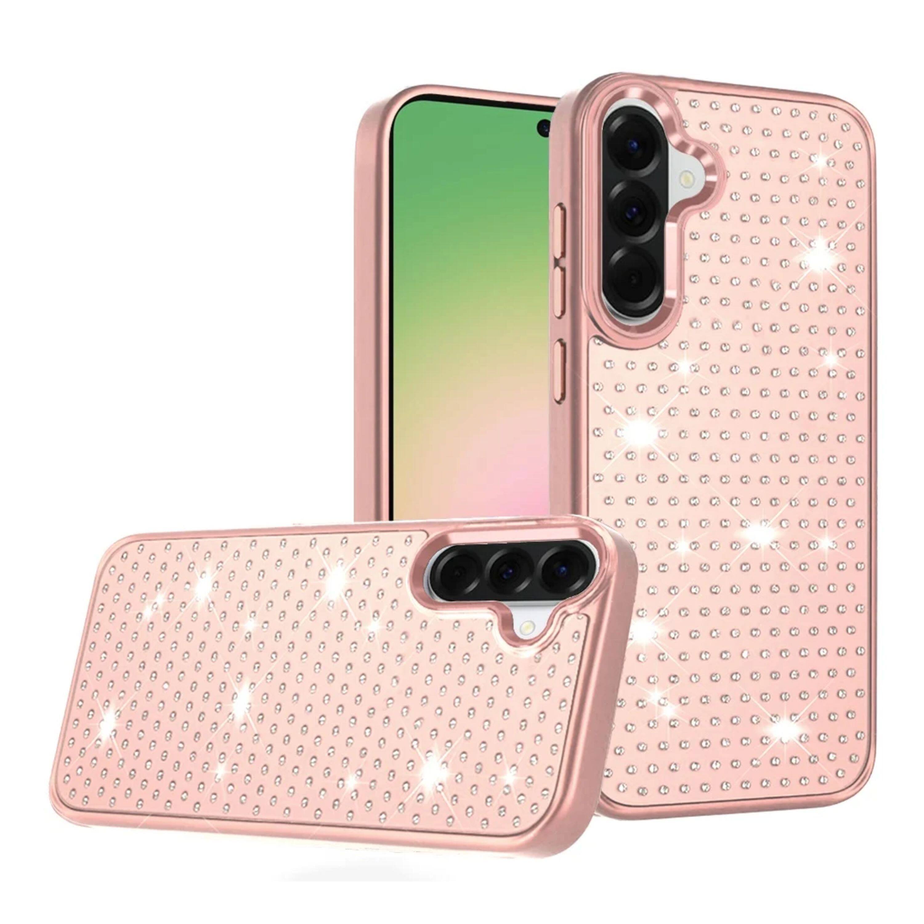 Angle. Kitcheniva - Faux Crystals Chrome Plated Cover Phone Case With Tempered Glass For Samsung Galaxy A57 5G Rose Gold - Rose Gold.