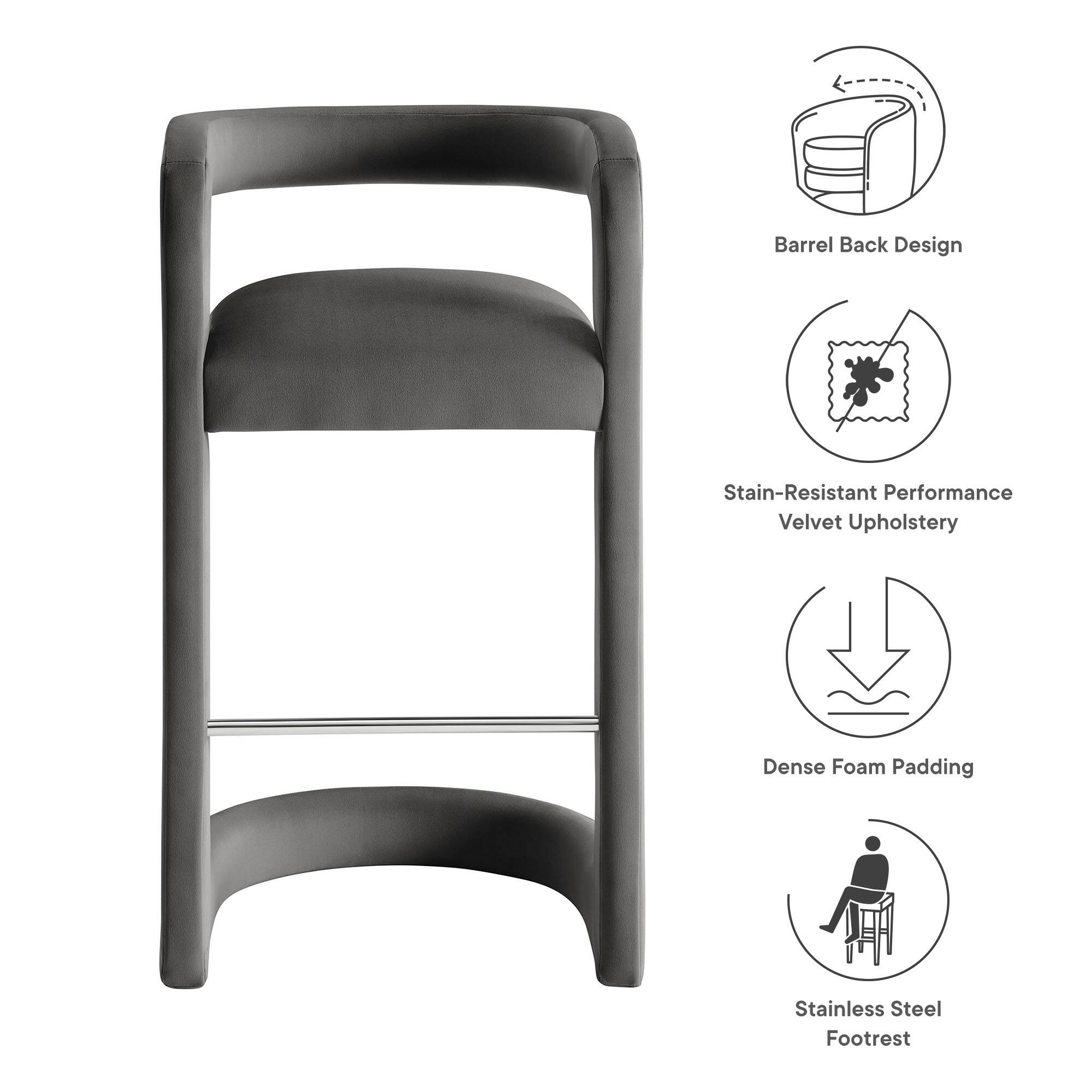 - Barrel Back Design
- Stain-Resistant Performance Velvet Upholstery
- Dense Foam Padding
- Stainless Steel Footrest