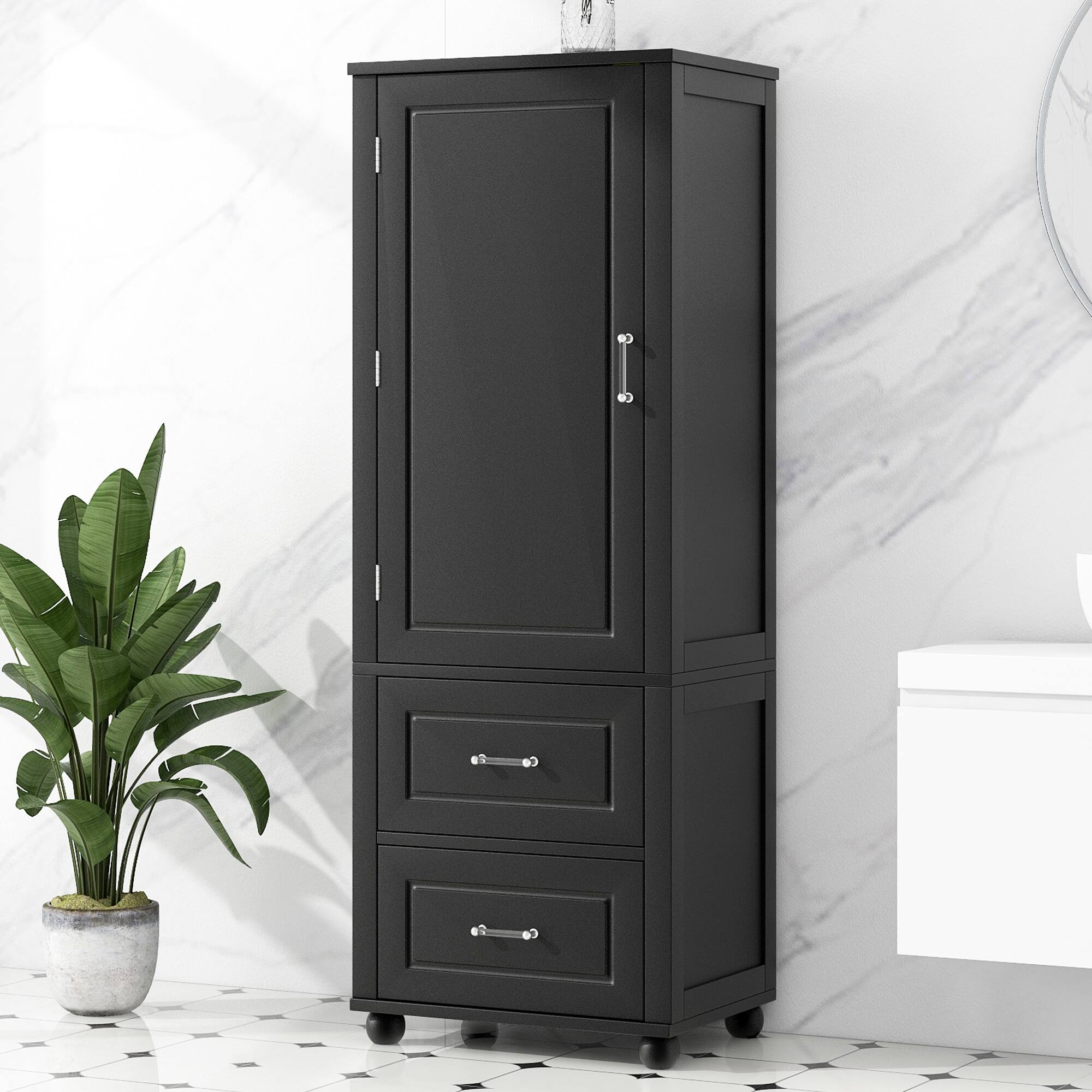 Alt View 6. Ecooso - Tall Bathroom Storage Cabinet with 2 Drawers & Adjustable Shelf, MDF Board Construction - Black.