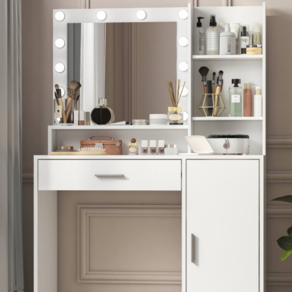 Angle. LUCKY ONE - Vanity Desk with 12-Bulb LED Mirror, Large Drawer, 3 Shelves and 3 Cabinets for Bedroom - White.