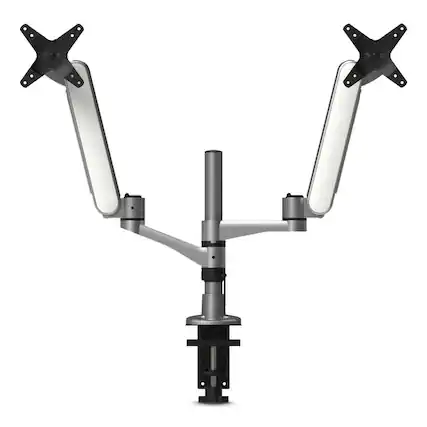 Front. KanTek - 360 Deg Rotation/105 Deg Tilt/360 Deg Pan Supports 20 lbs. Multi-Directional Dual Monitor Arm for 30 in. Monitors - Silver/White.