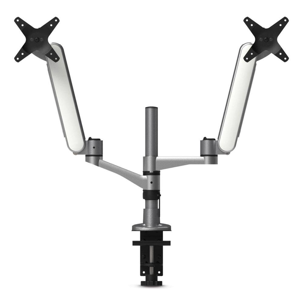 Front. KanTek - 360 Deg Rotation/105 Deg Tilt/360 Deg Pan Supports 20 lbs. Multi-Directional Dual Monitor Arm for 30 in. Monitors - Silver/White.