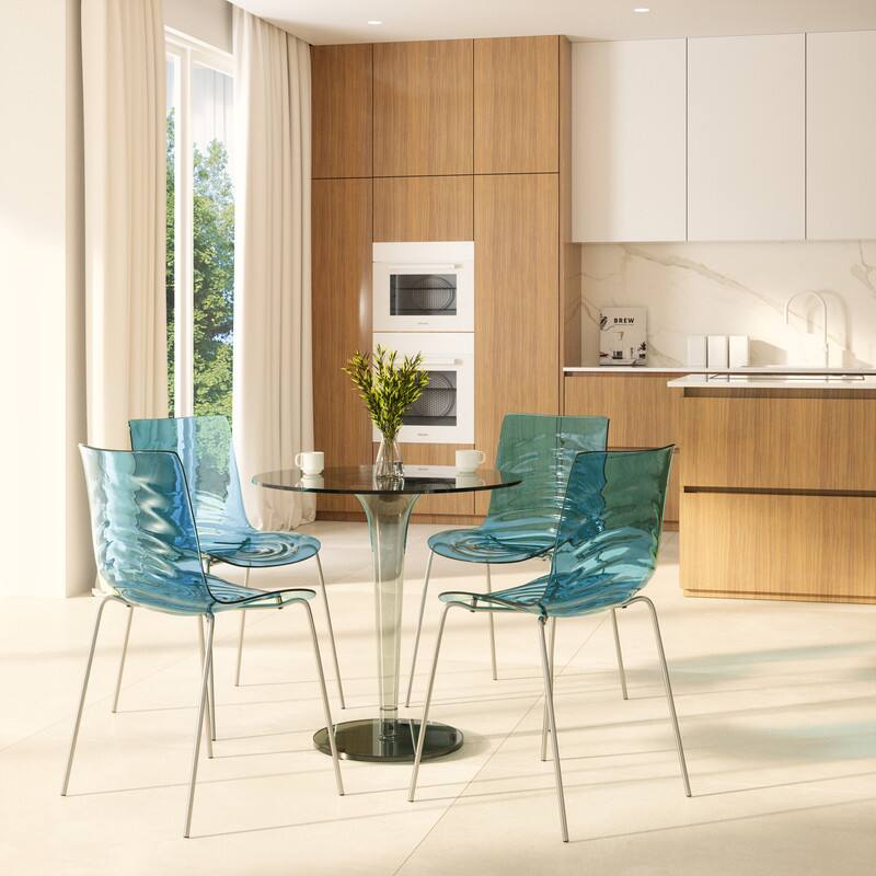 Angle. LeisureMod - Set of 2 Astor Plastic Side Dining Chair with Accent Chrome Metal Legs and Ripple Design for Home or Office - Transparent Blue.