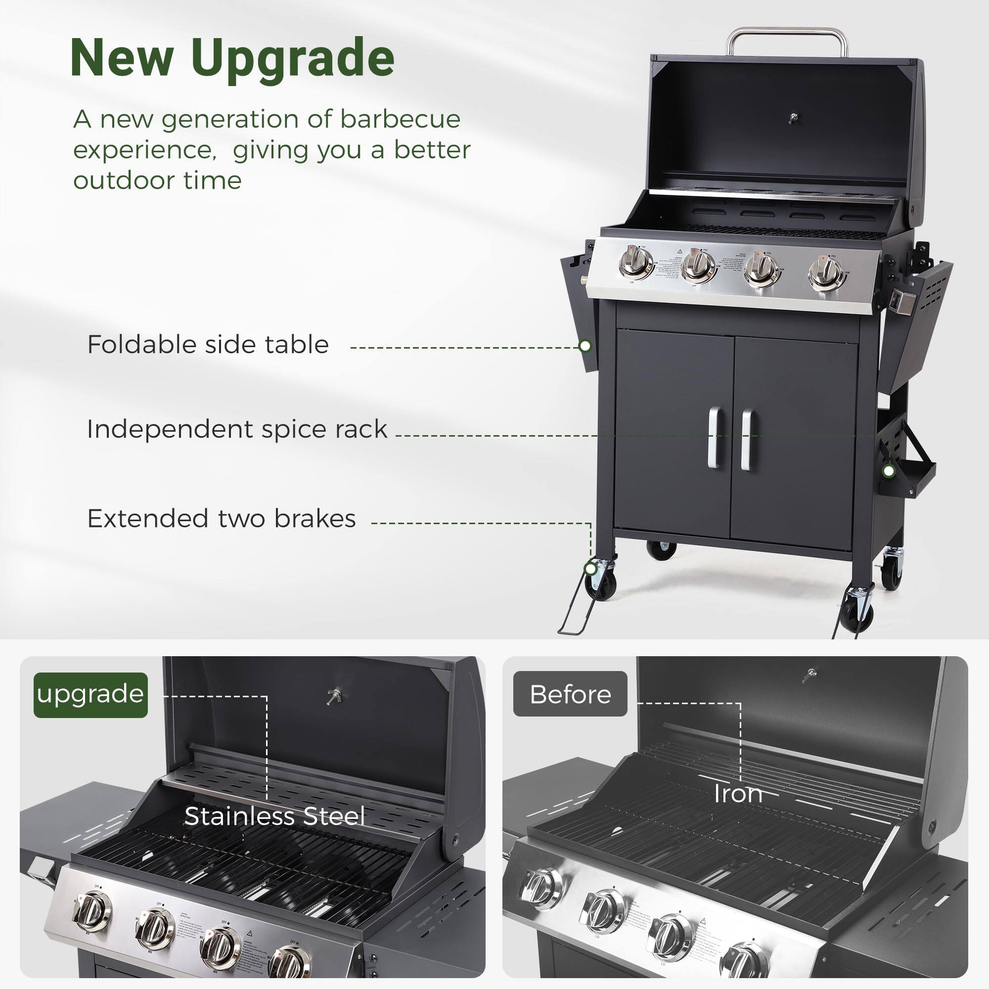 New Upgrade

A new generation of barbecue experience, giving you a better outdoor time

- Foldable side table
- Independent spice rack
- Extended two brakes

upgrade
Stainless Steel

Before
Iron