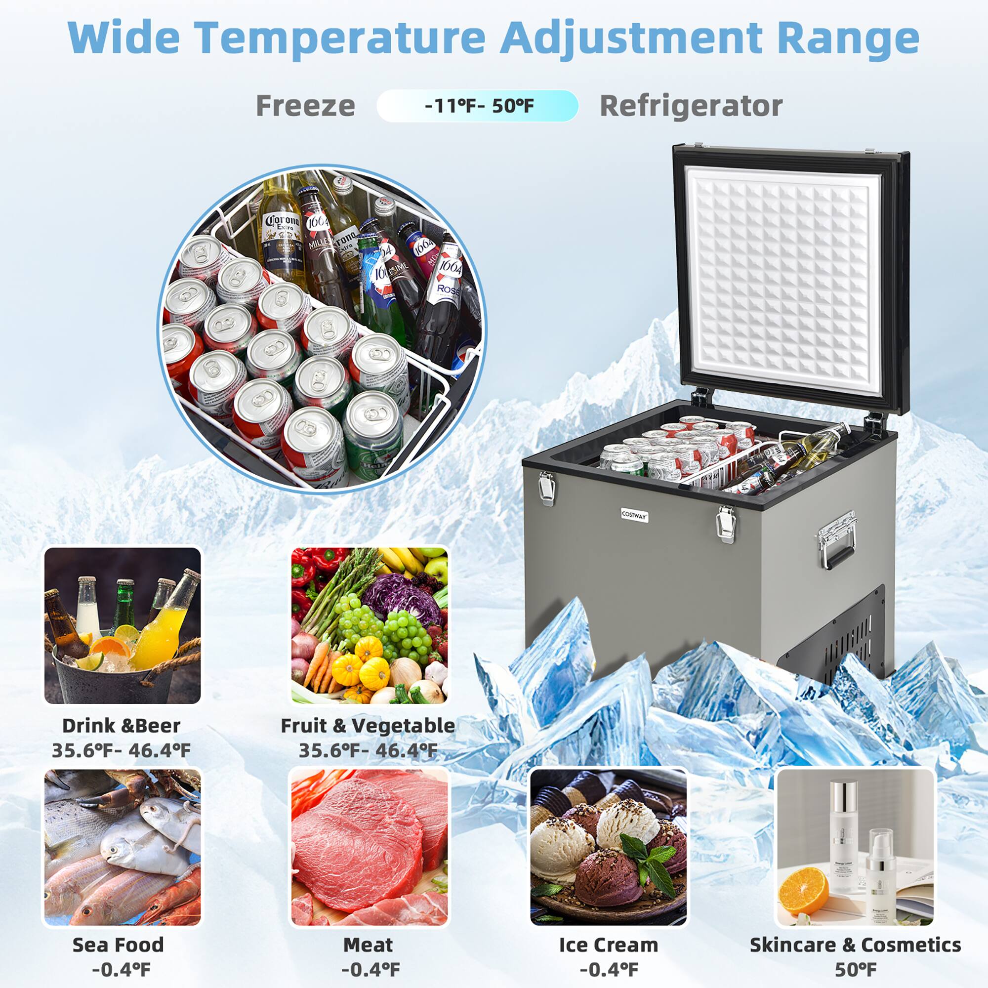Wide Temperature Adjustment Range:
- Freeze: -11°F to 50°F (refrigerator)
- Drink & Beer: 35.6°F to 46.4°F
- Fruit & Vegetable: 35.6°F to 46.4°F
- Seafood: -0.4°F
- Meat: -0.4°F
- Ice Cream: -0.4°F
- Skincare & Cosmetics: 50°F