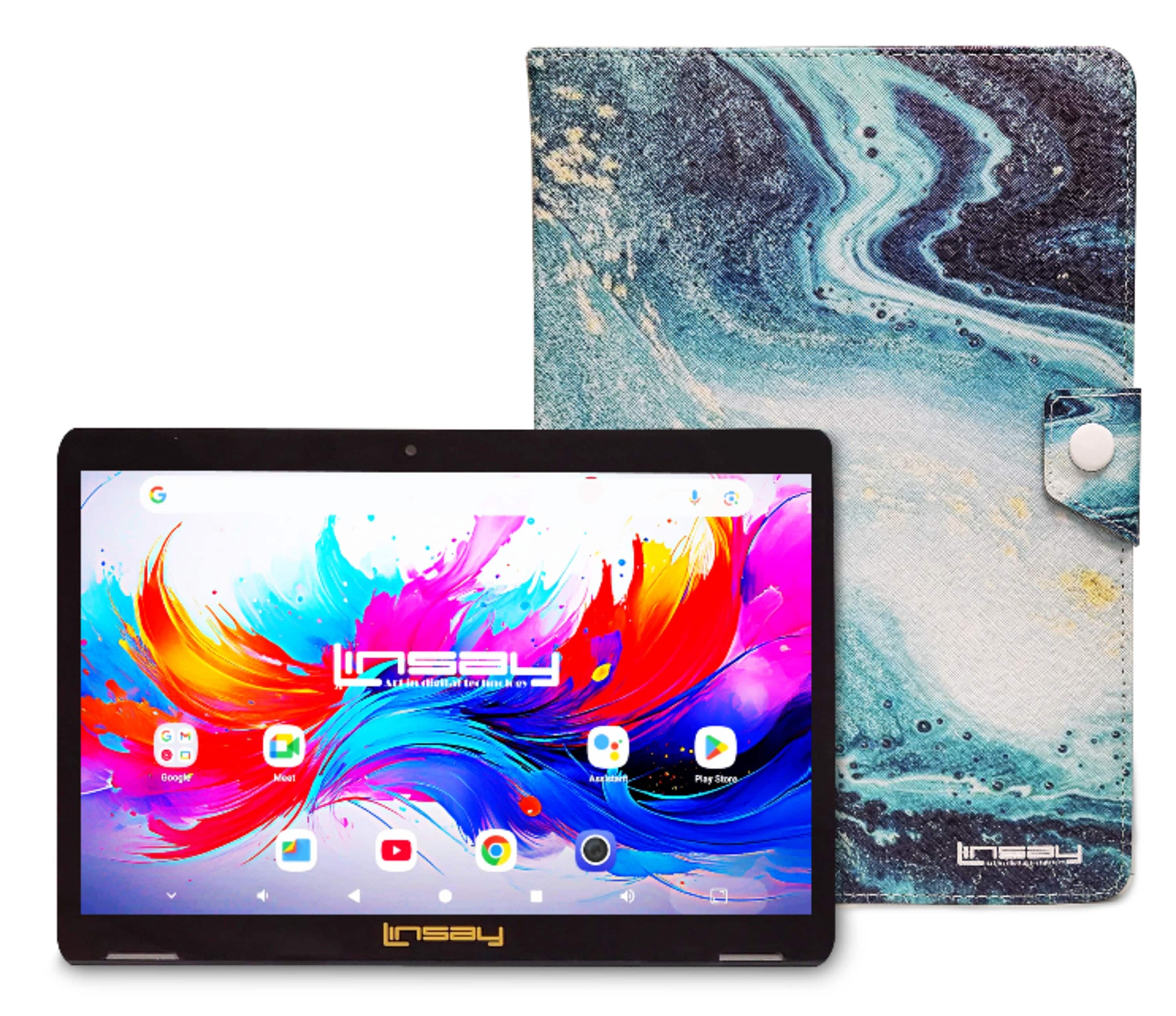 LINSAY - 10.1"Octa Core 256GB Storage Android 15 Tablet with Ocean Marble Case - Blue