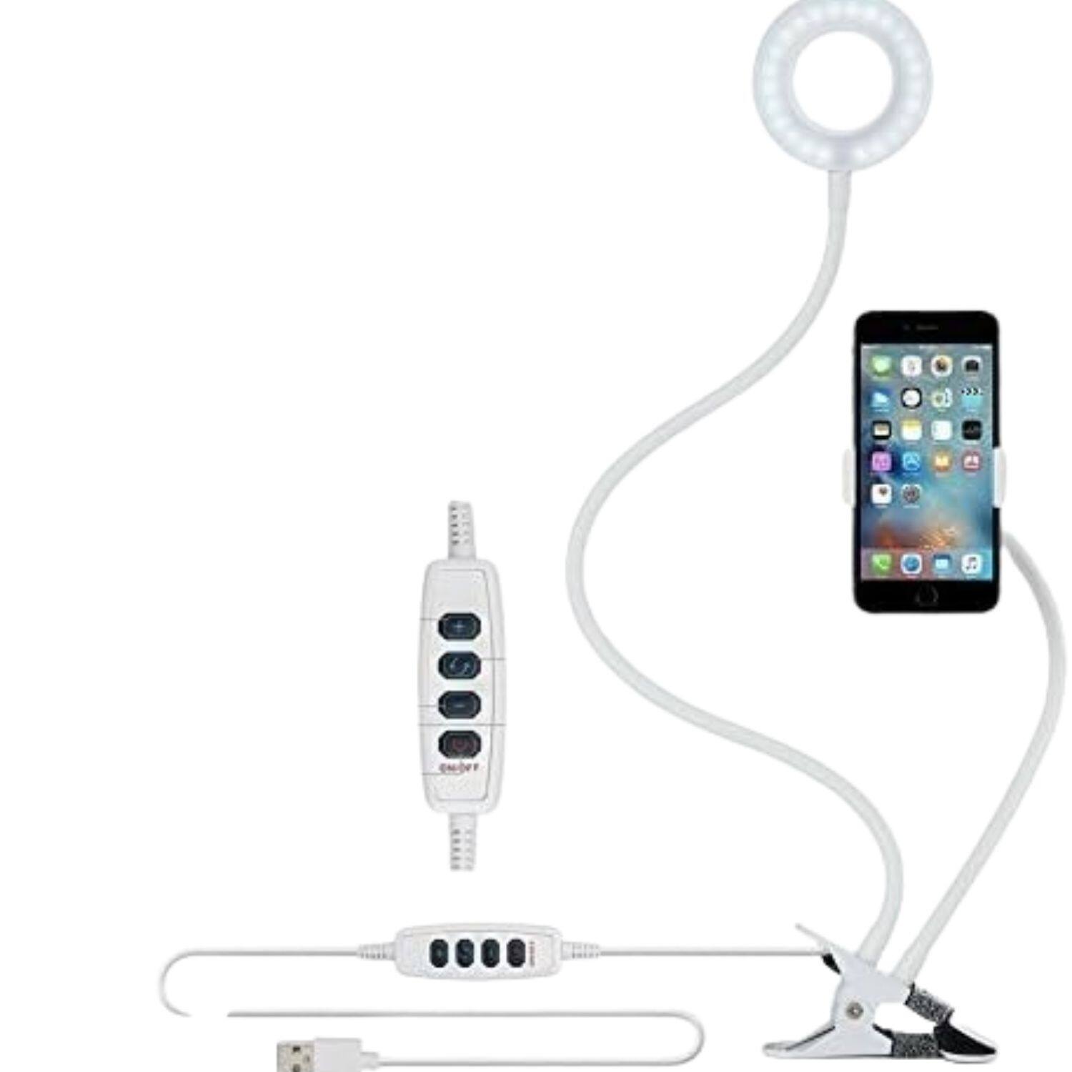Left. Stock Preferred - Flexible Long Arm LED Selfie Ring Light with Phone Holder - White.