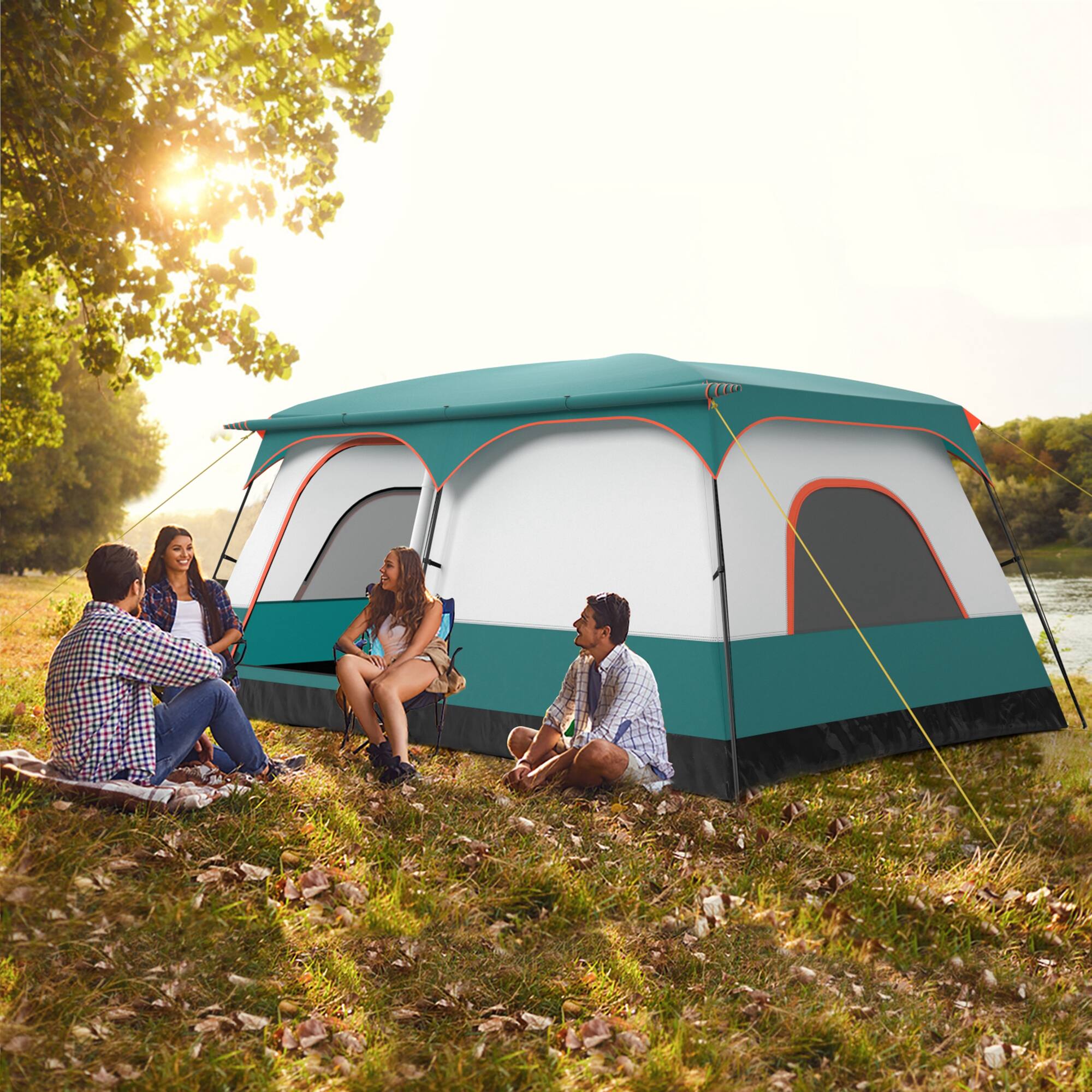 Alt View 1. Gymax - Gymax 10-Person Camping Tent with Porch Large Family Cabin Tent w/ 2 Rooms 2 Doors Green - Green.