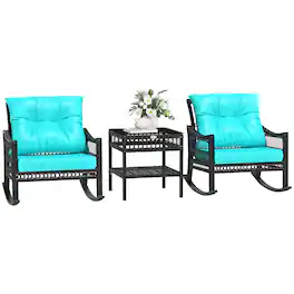 Outsunny - Piece Outdoor PE Rattan Rocker Chair Set, Rocking Chair with Tempered Glass Table Top - Turquoise