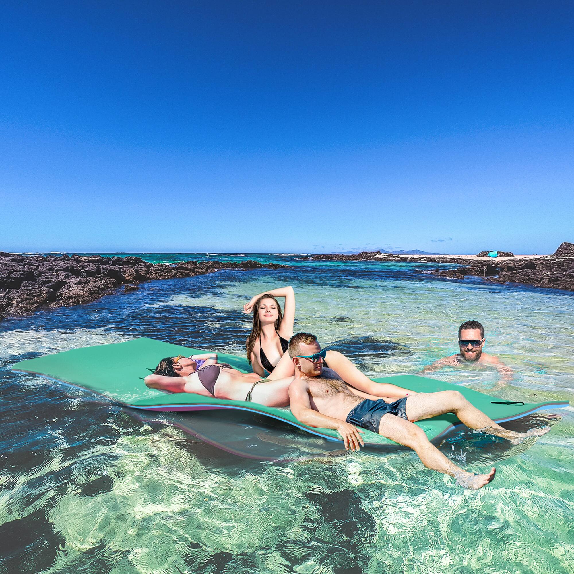 Alt View 1. Soozier - 12' x 5' Lily Pad Floating Mat with Cup Holder Table, 3-Layer Portable Roll-Up Water Mat Float Dock for 2-3 People.