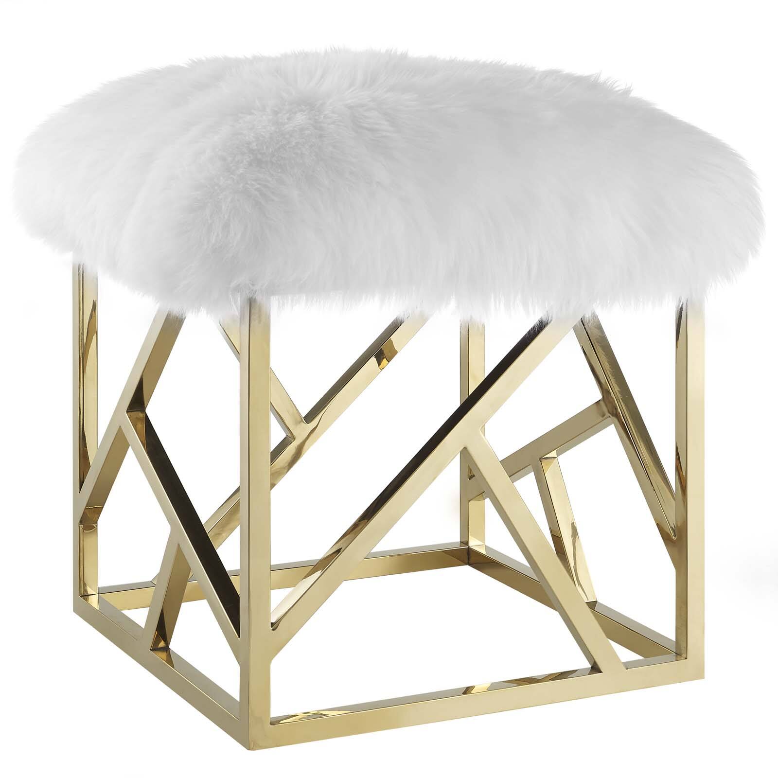 Angle. Modway - Intersperse Sheepskin Ottoman by Modway - EEI-2844-GLD-WHI.