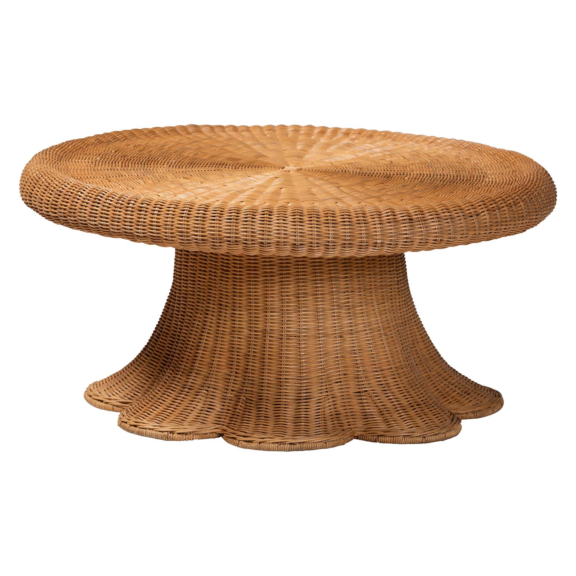 bali & pari - Avalon Natural Rattan Round Coffee Table with Scalloped Pedestal Base – Coastal Boho Wicker Accent Table - Light Honey