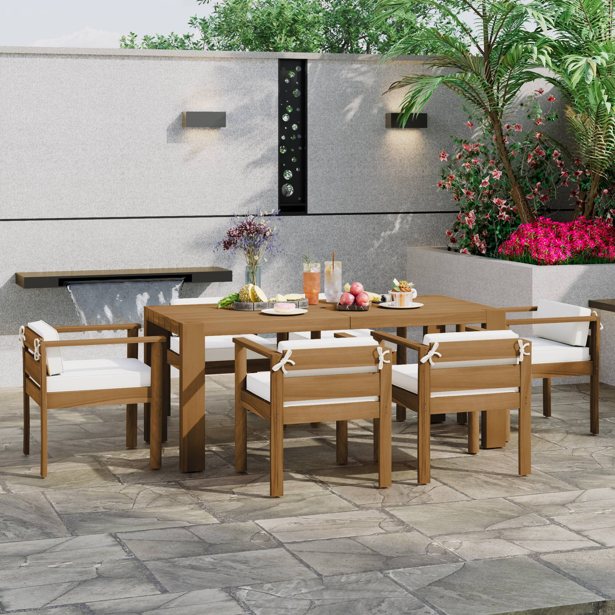 Alt View 8. Loheer - 7-Piece Acacia Wood Patio Dining Set, All-Weather Furniture for 6 with Umbrella Hole & Washable Cushions - Light Teak.
