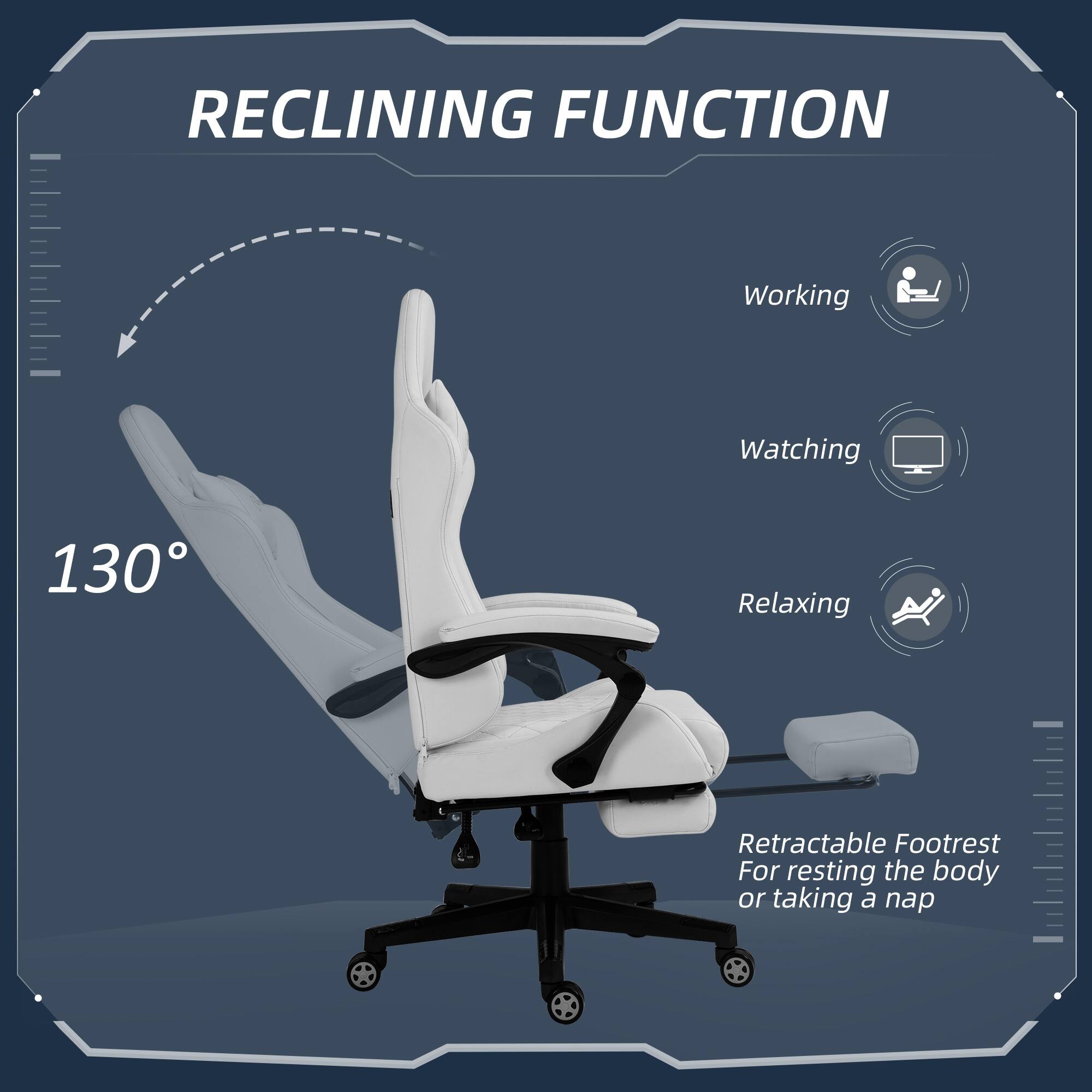 RECLINING FUNCTION

130°

Working  
Watching  
Relaxing  

Retractable Footrest  
For resting the body or taking a nap