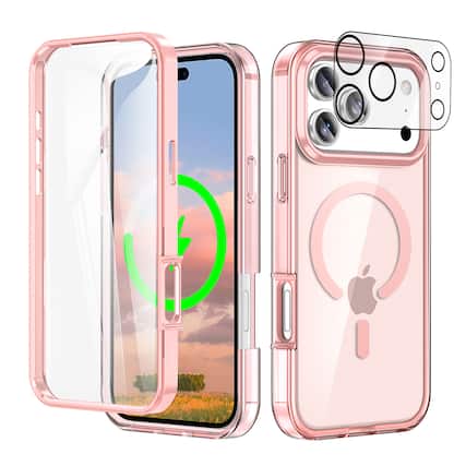 Front. Dteck - Magnetic For Apple iPhone 17 Pro Full Body Case Built-in Screen Protector Cover with Camera Lens Protector - Pink.