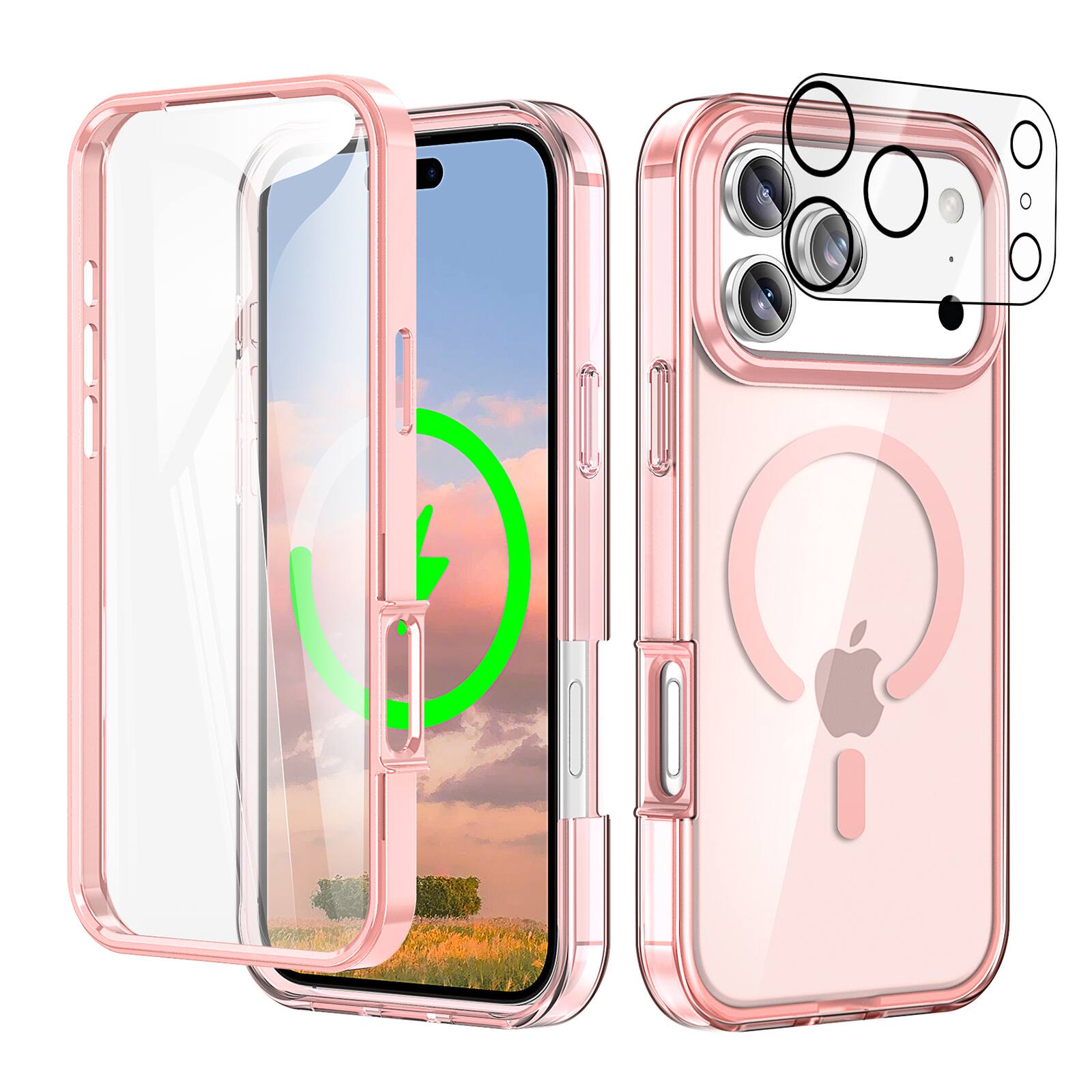 Dteck - Magnetic For Apple iPhone 17 Pro Full Body Case Built-in Screen Protector Cover with Camera Lens Protector - Pink