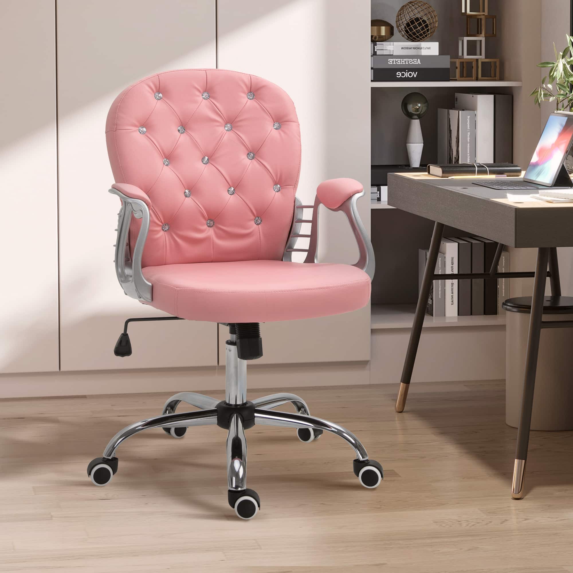 Anysun - Button Tufted Design PU Leather Home Office Chair with Padded Armrests Adjustable Height and Swivel Wheels - Pink