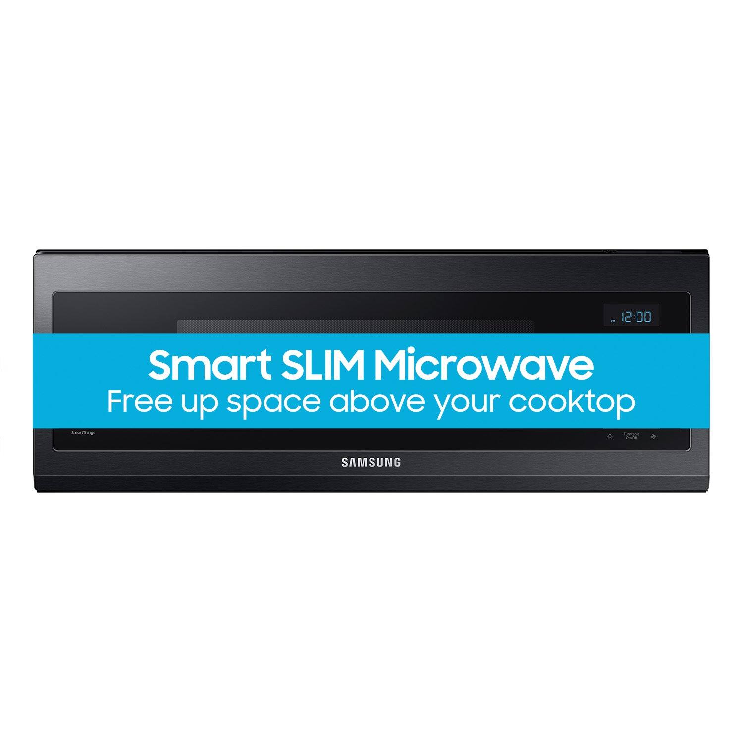 The text on the image reads: "Smart SLIM Microwave - Free up space above your cooktop - Samsung."