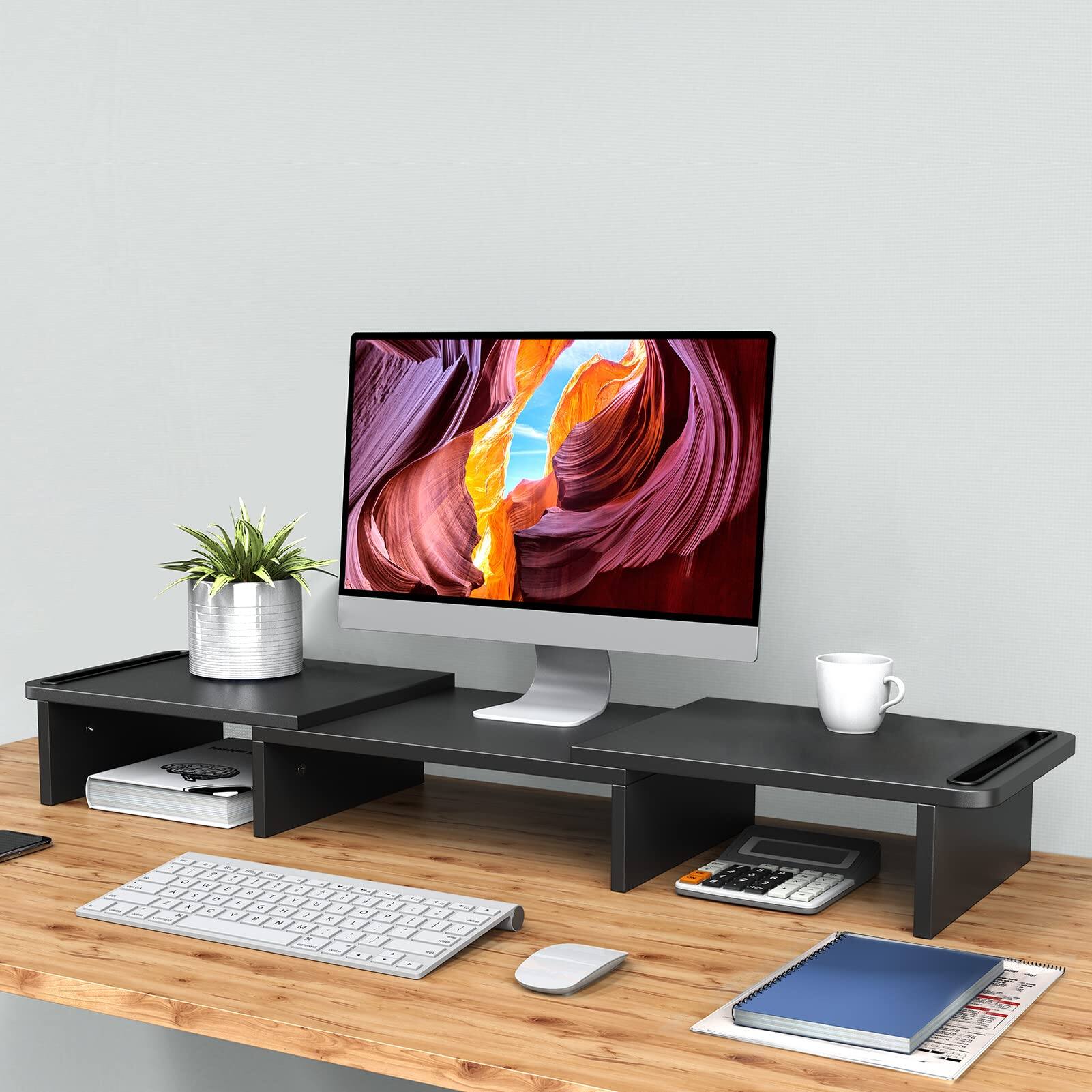 Alt View 1. Cedar Assembly - Dual Monitor Stand Riser With Adjustable Length And Angle Wood For Desk 2 Monitors Storage Space - White.