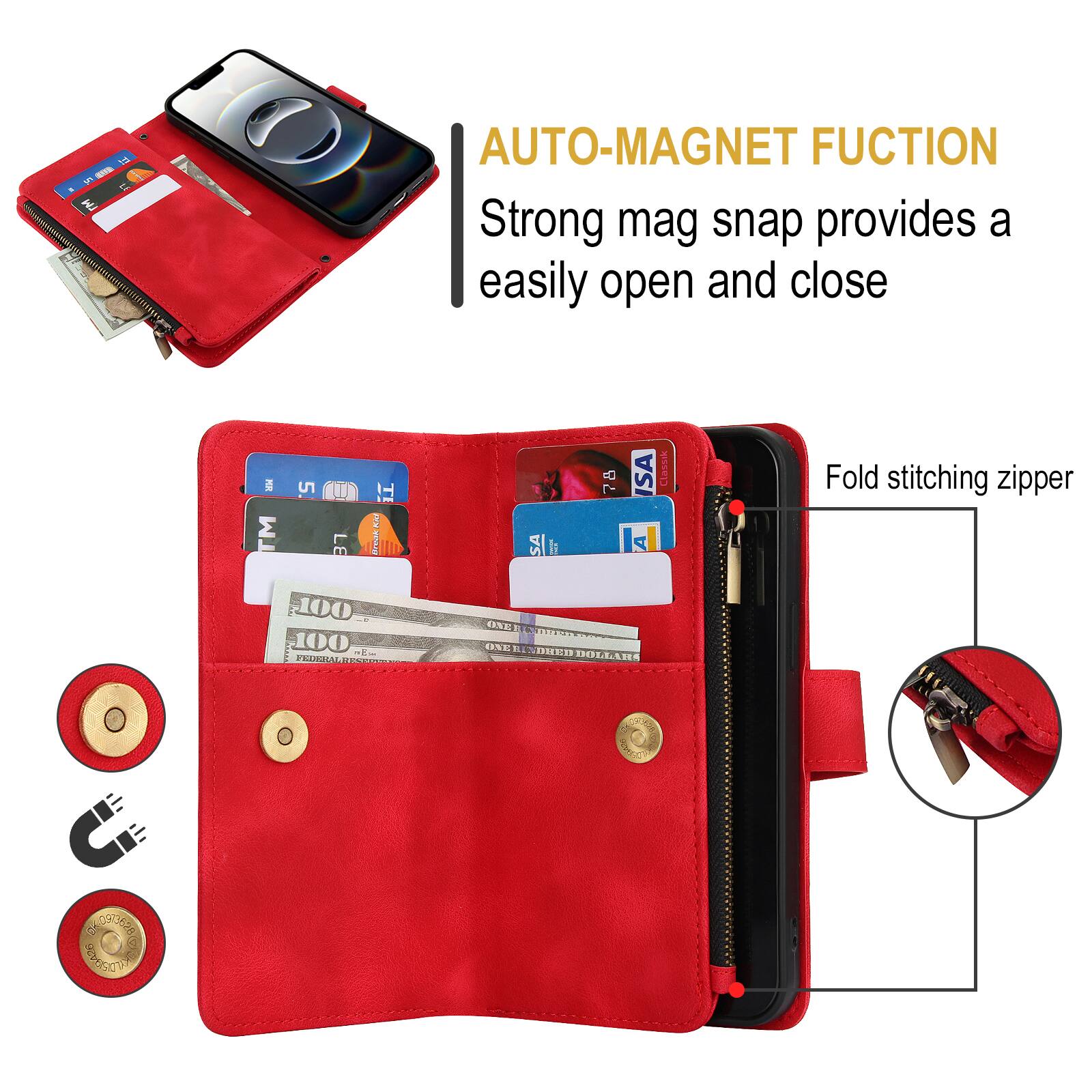 5 - AUTO-MAGNET FUNCTION  
Strong mag snap provides a easily open and close  

Fold stitching zipper  

PRNDAL CINE  
ONE DOLLAR  
100